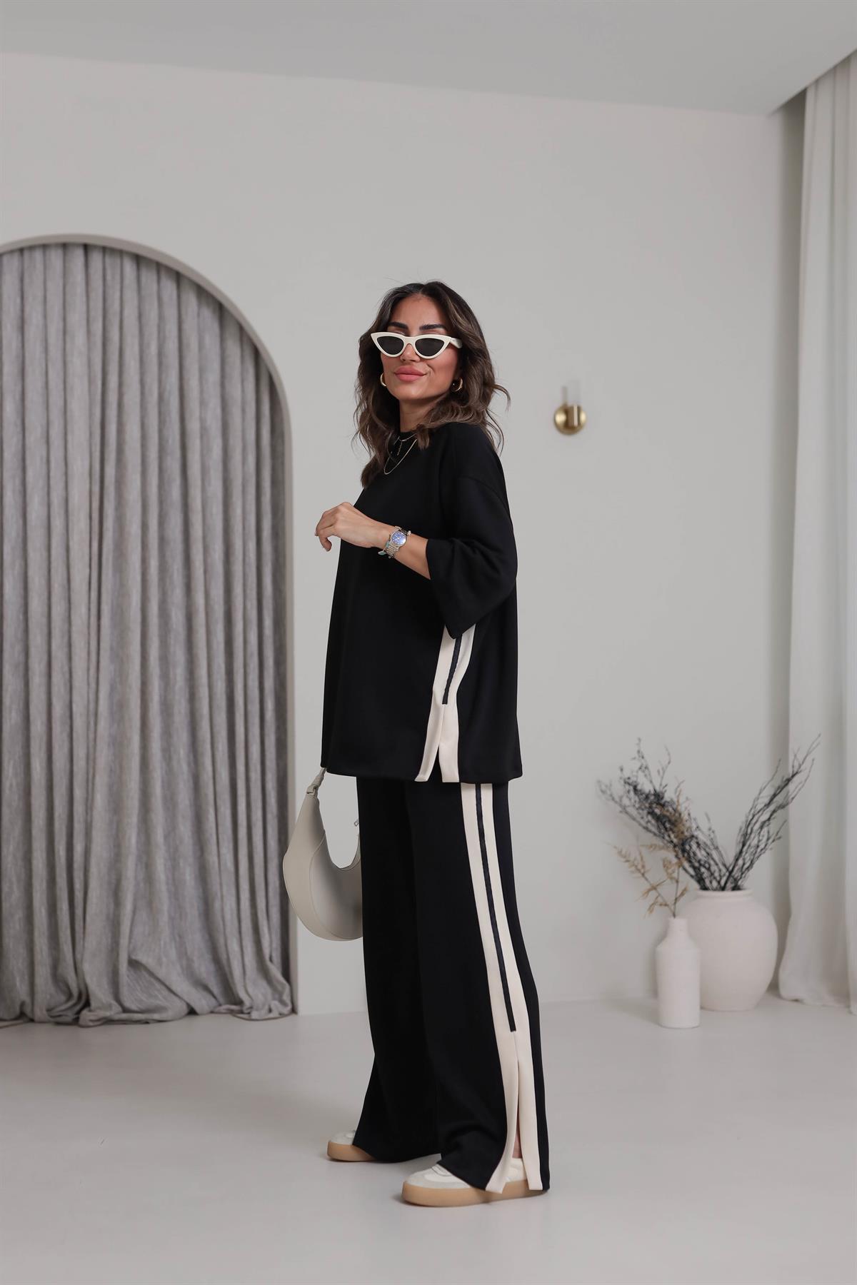 6116 Şeritli Yanları Yırtmaçlı Modal Kumaş Takım SİYAH-BEJ