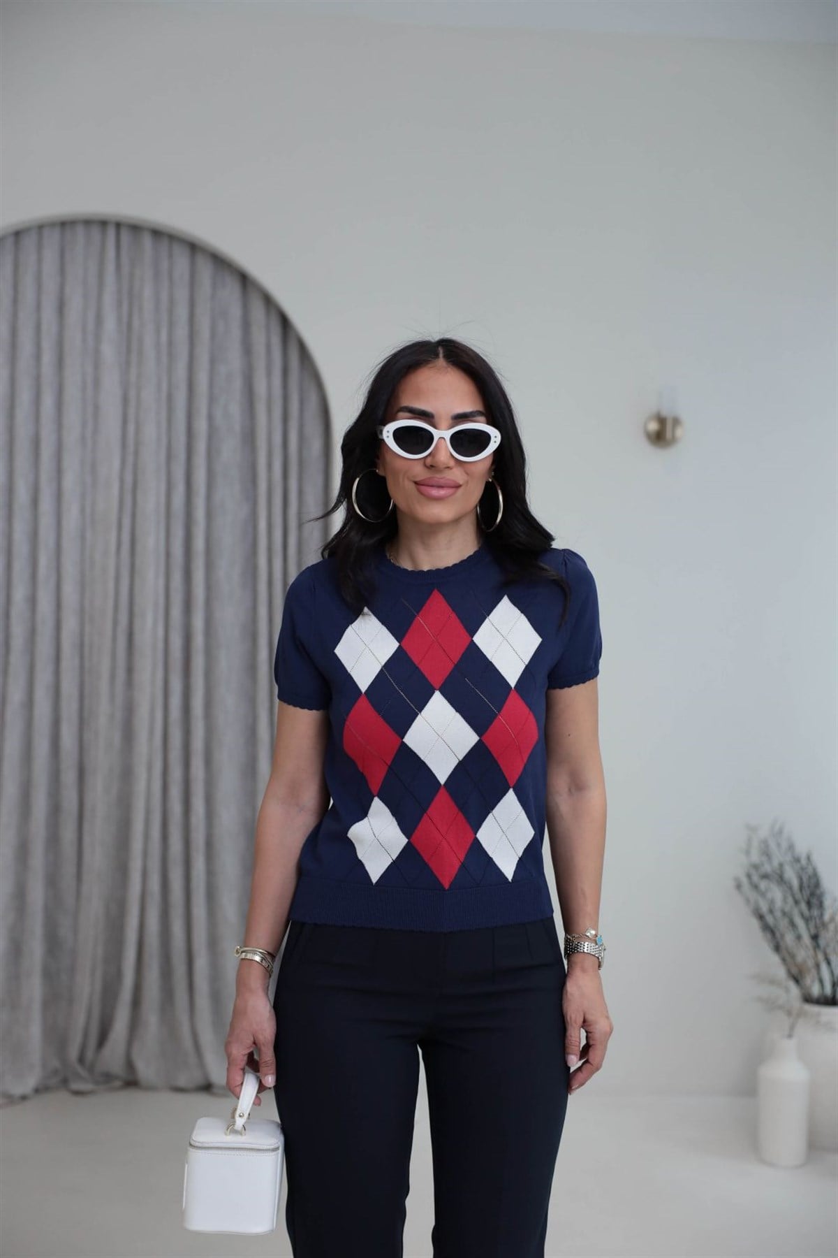 0617 Baklava Desenli Rayon Triko Bluz LACİVERT