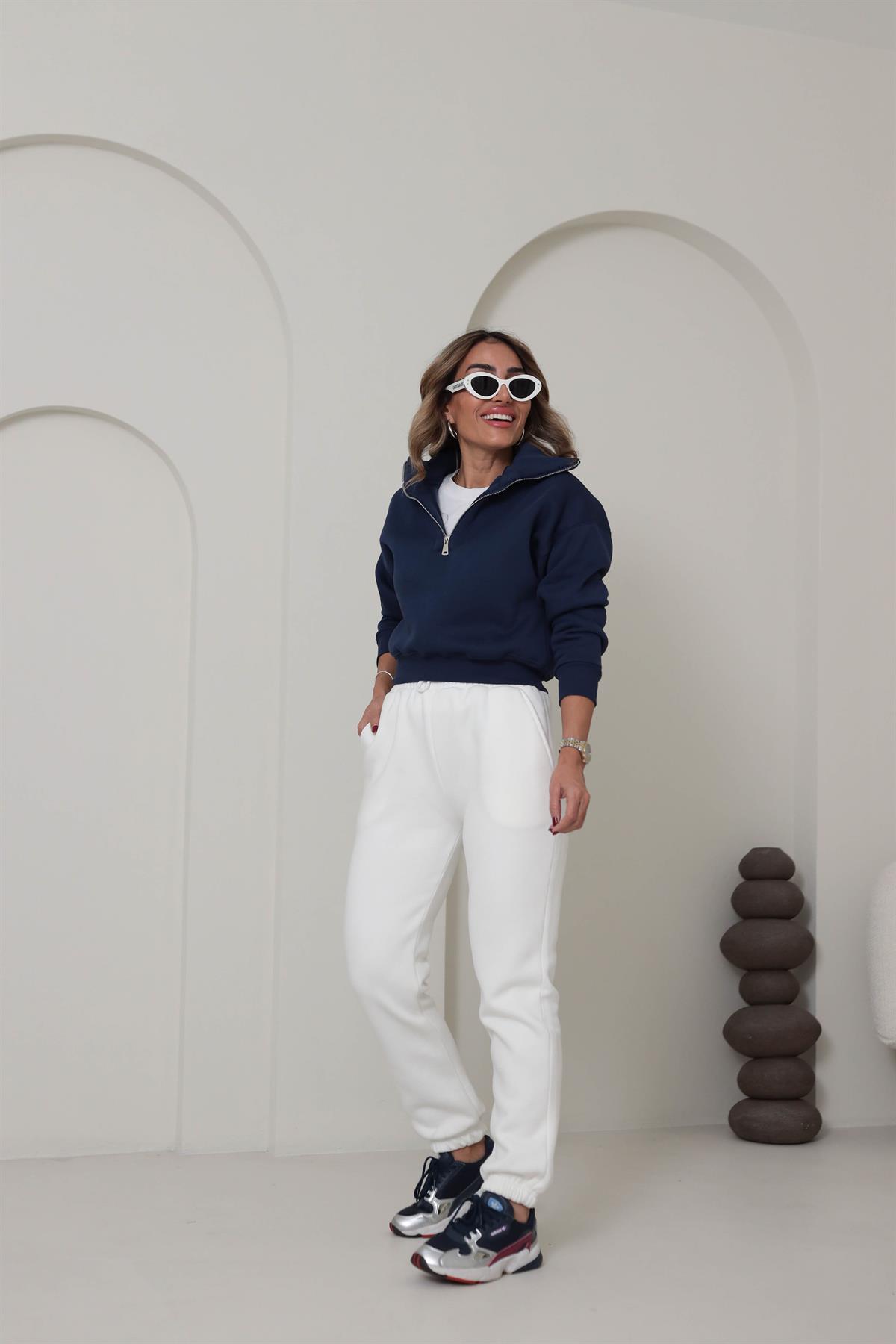 132 Fermuar Detaylı Crop Sweatshirt LACİVERT