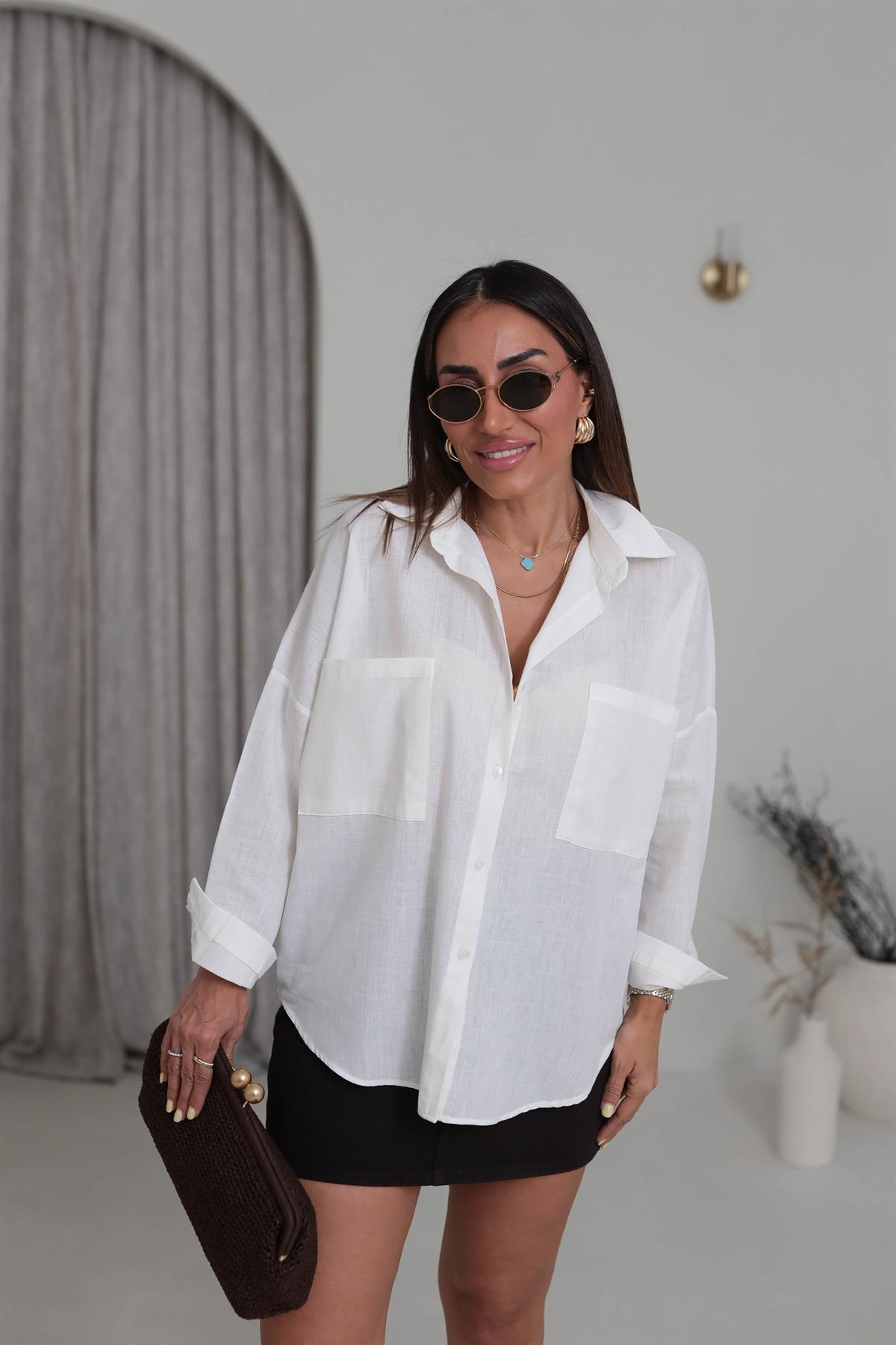 8057 Cep Detaylı Pamuklu Gömlek EKRU