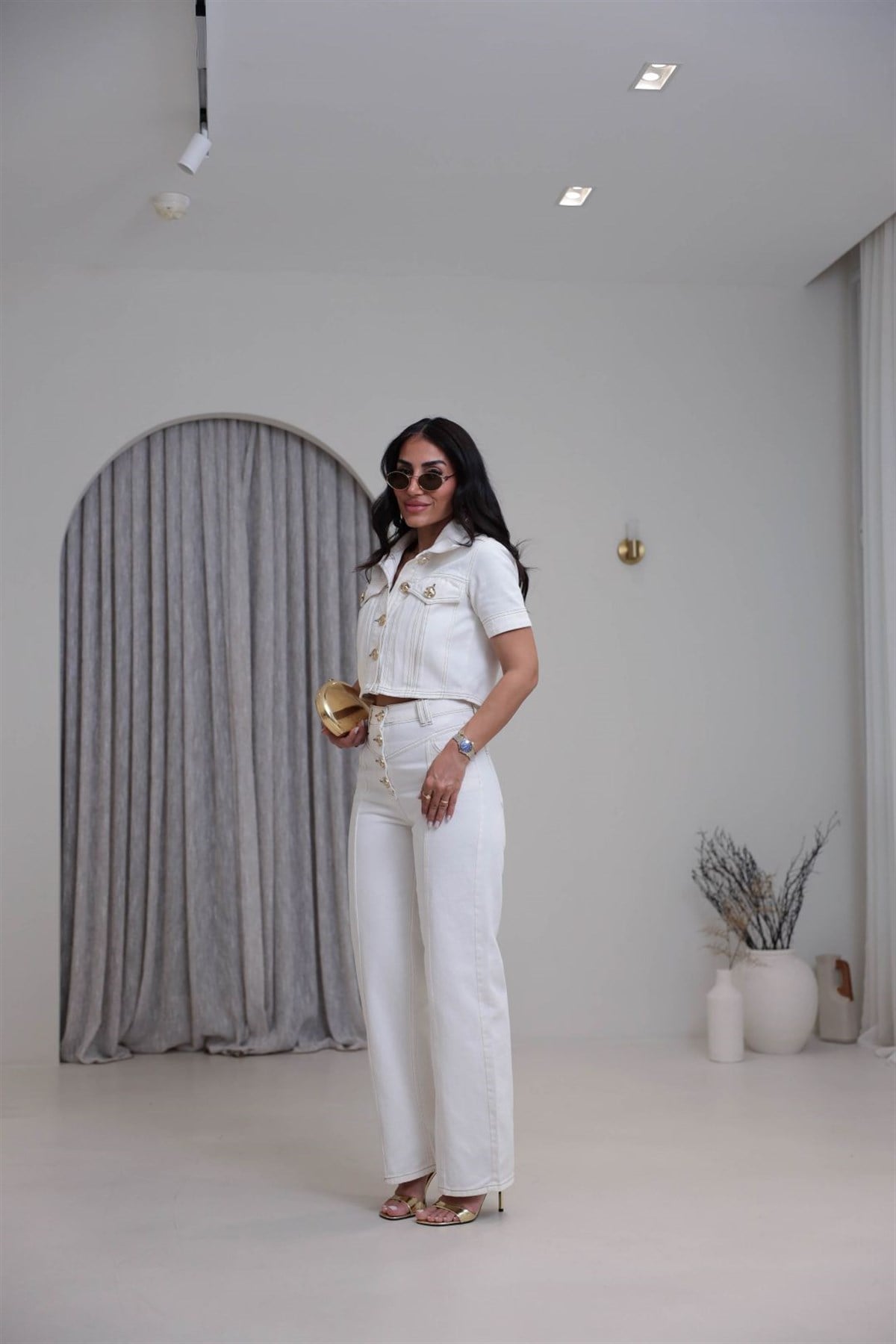 7410 Gold Düğmeli Denim Takım EKRU