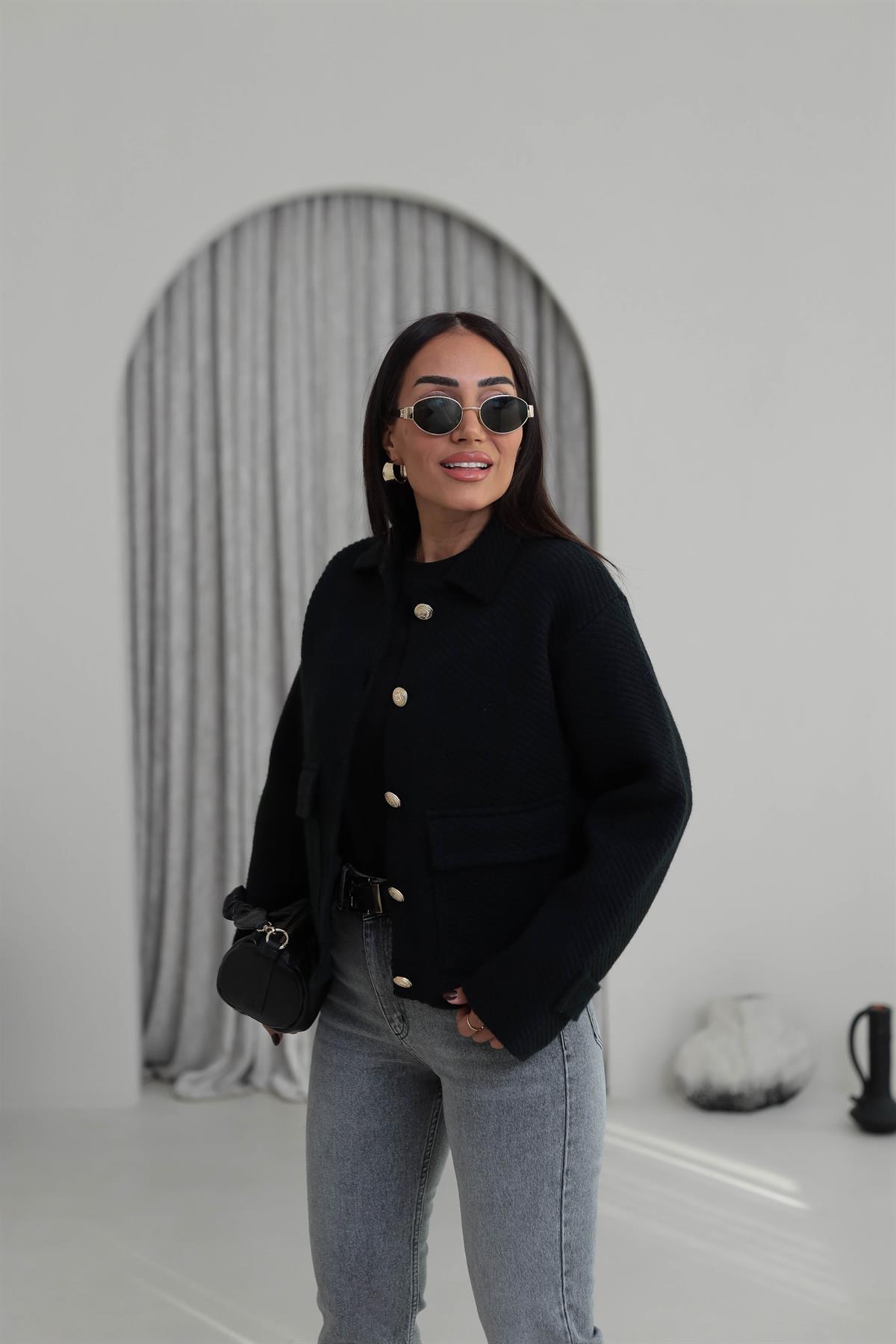 4204 Kalın Dokulu Gold Düğme Detaylı Ceket Hırka SİYAH