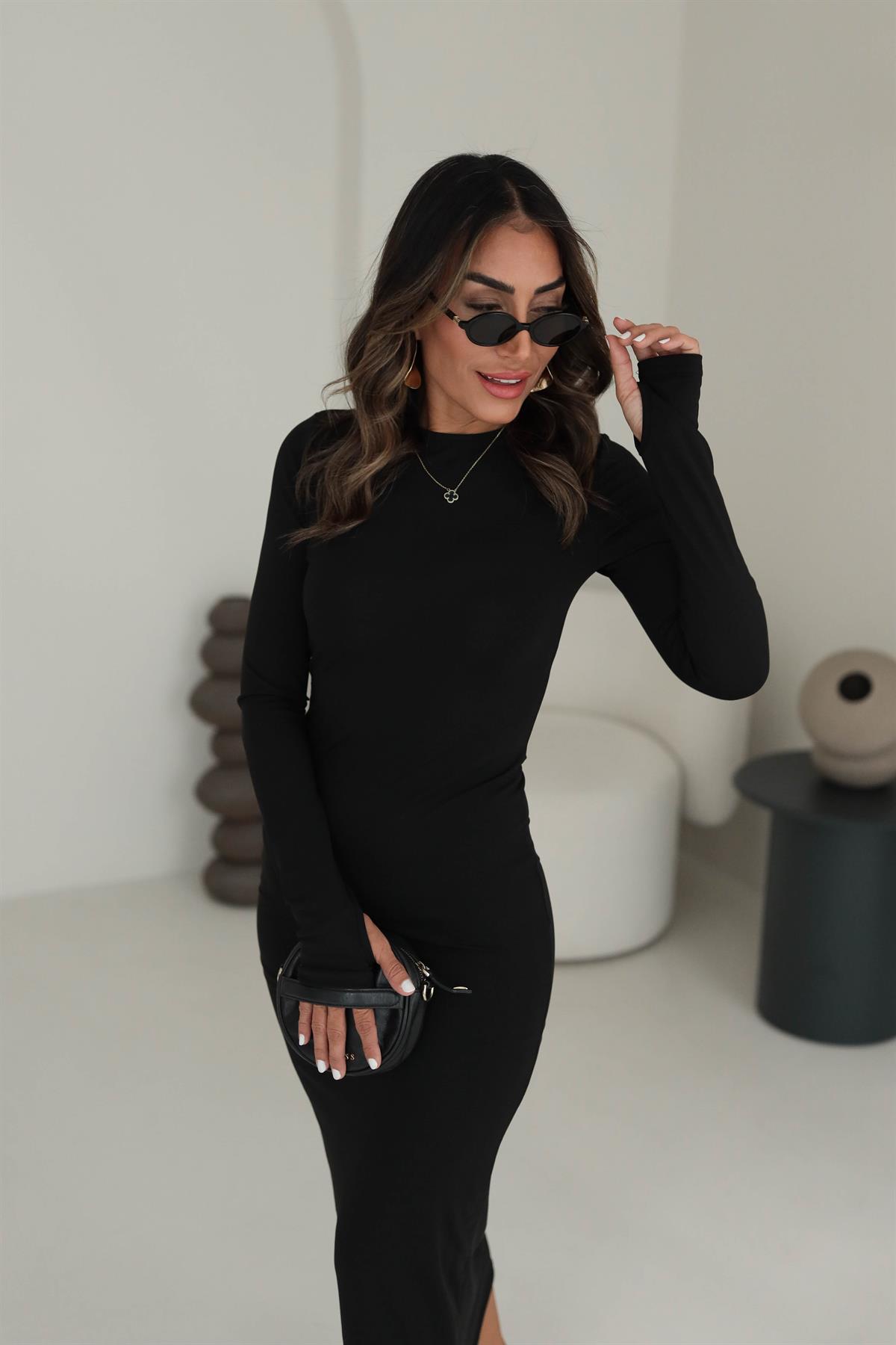 0220 Modal Kumaş Parmak Geçişli Elbise