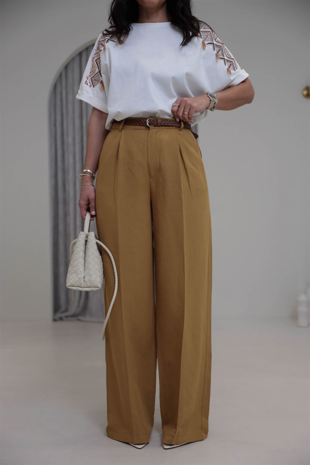 1150 Örme Kemerli Viskon Keten Pantolon YAĞ YEŞİLİ