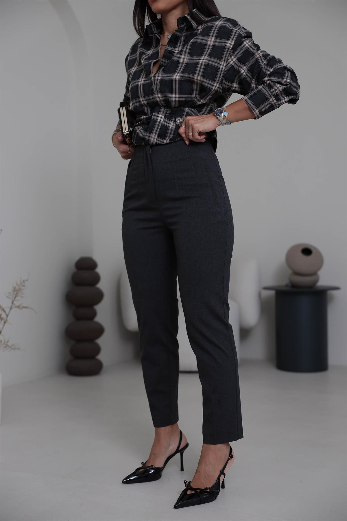 U5113-K Önü Flotalı Kumaş Pantolon KOYU GRİ