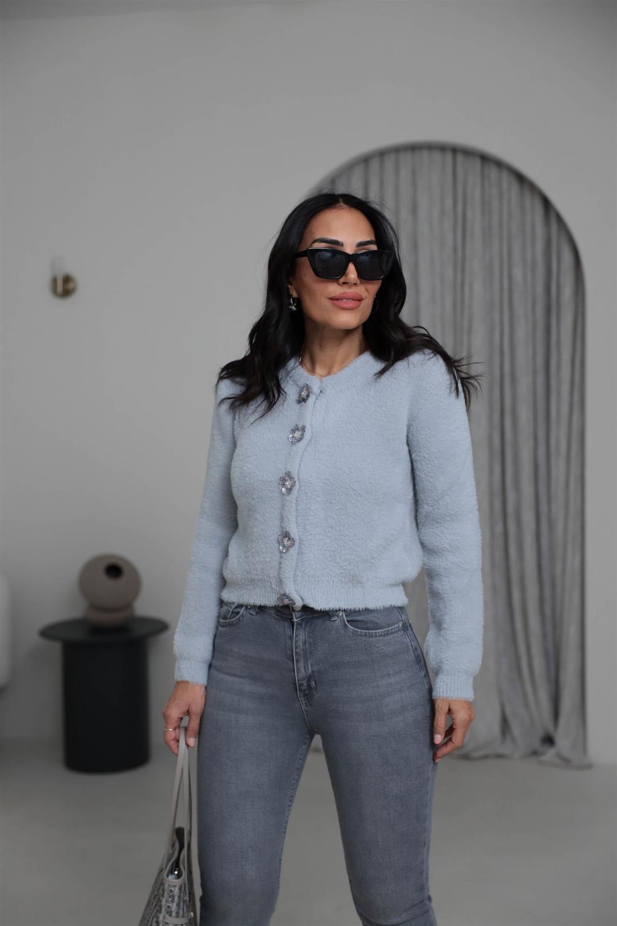 314 Çiçek Düğmeli Çıtçıtlı Yumoş Hırka AÇIK GRİ