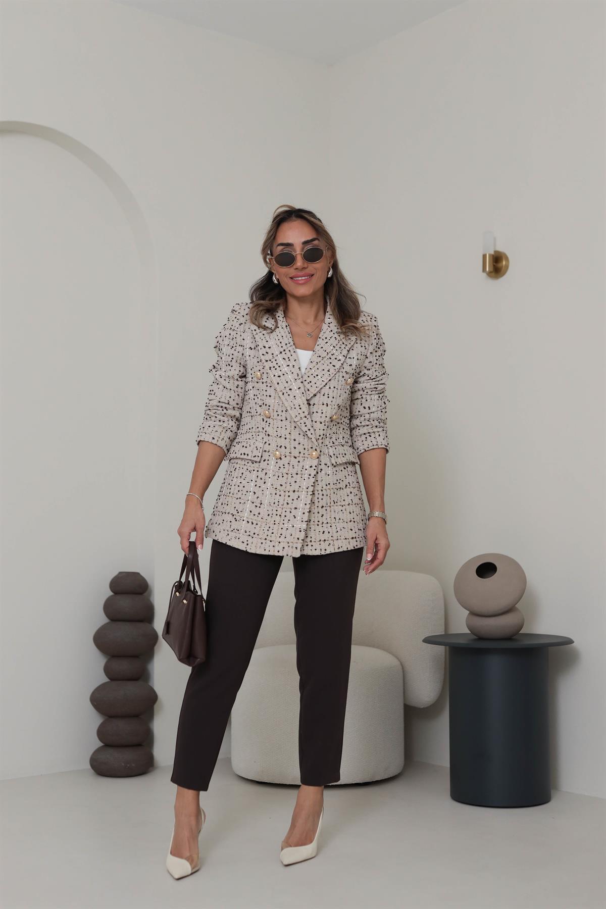 6213 Kruvaze Yaka Gold Düğmeli Tüvit Ceket TAŞ