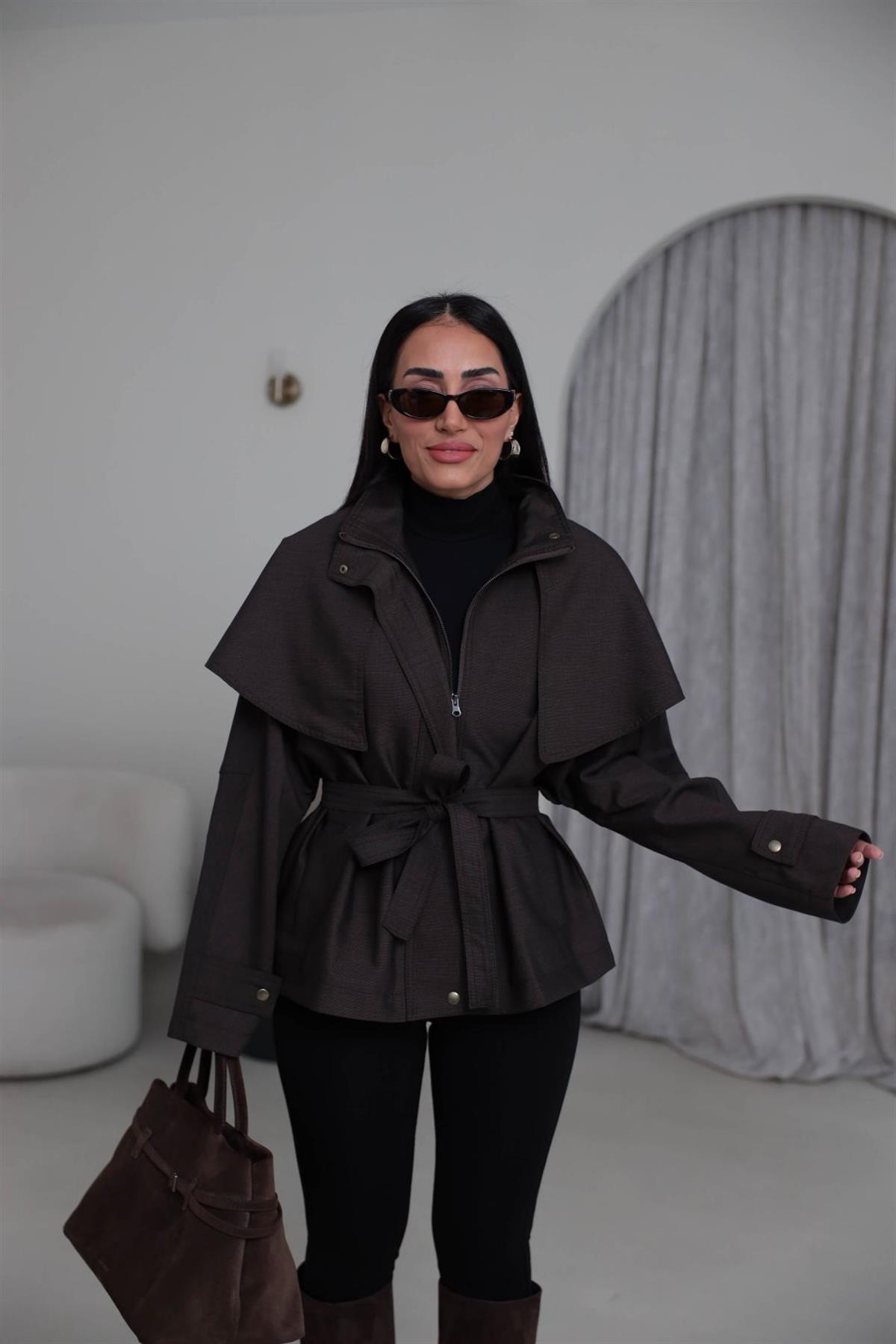 6954 Pelerinli Kuşaklı Fermuarlı Ceket ACI KAHVE