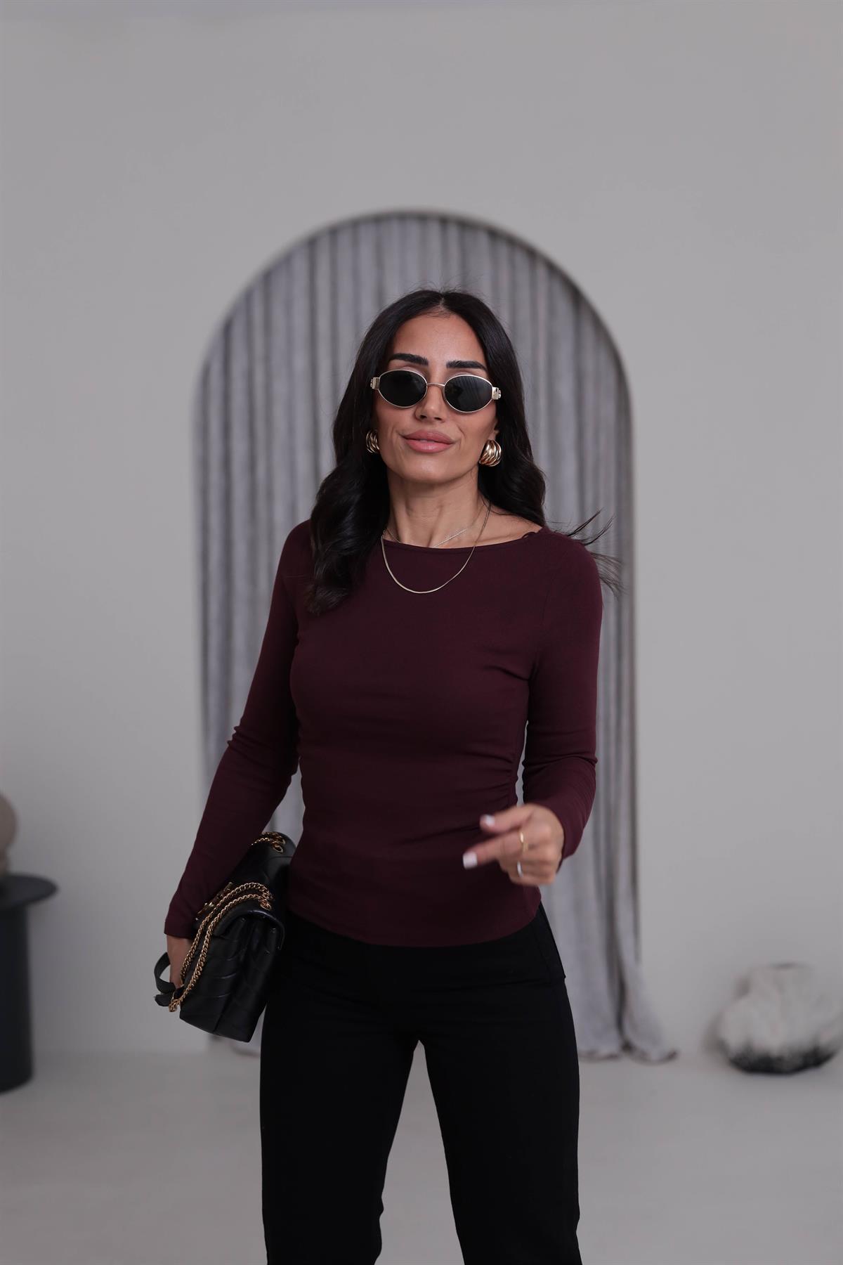 1401 Kayık Yaka Büzgülü Uzun Kollu Bluz BORDO