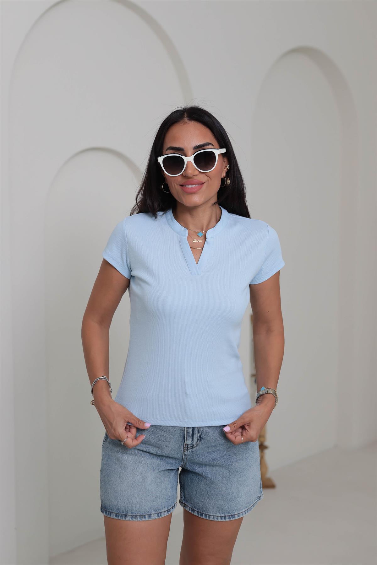 6773 Ribanalı V Yaka Kısa Kol Bluz BEBE MAVİ