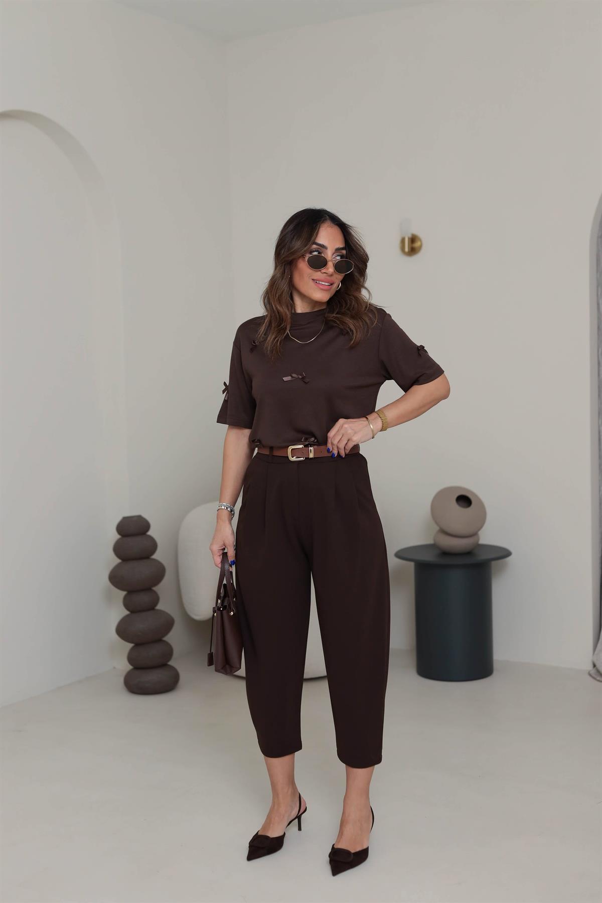 8110 Fiyonklu Pike Modal Tshirt KAHVE