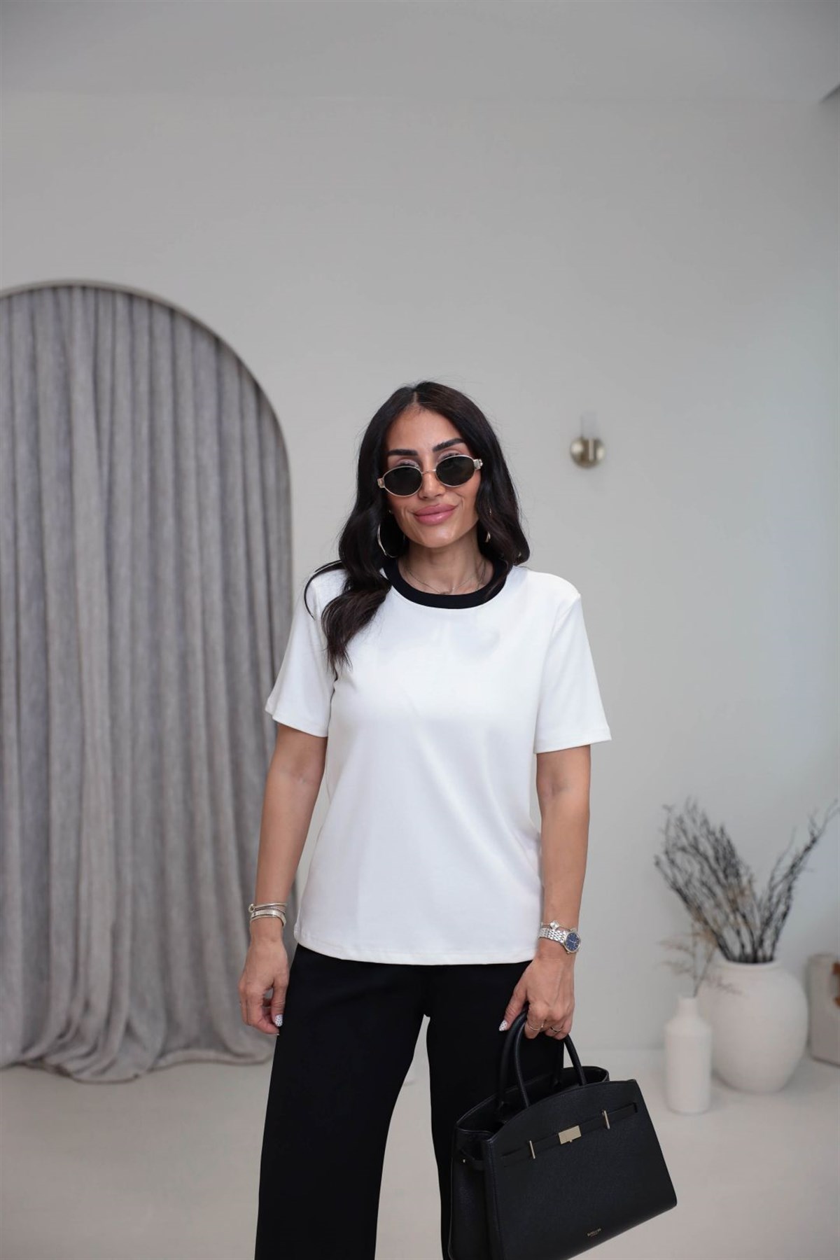 Yaka Kontrastlı Pamuklu Tshirt EKRU