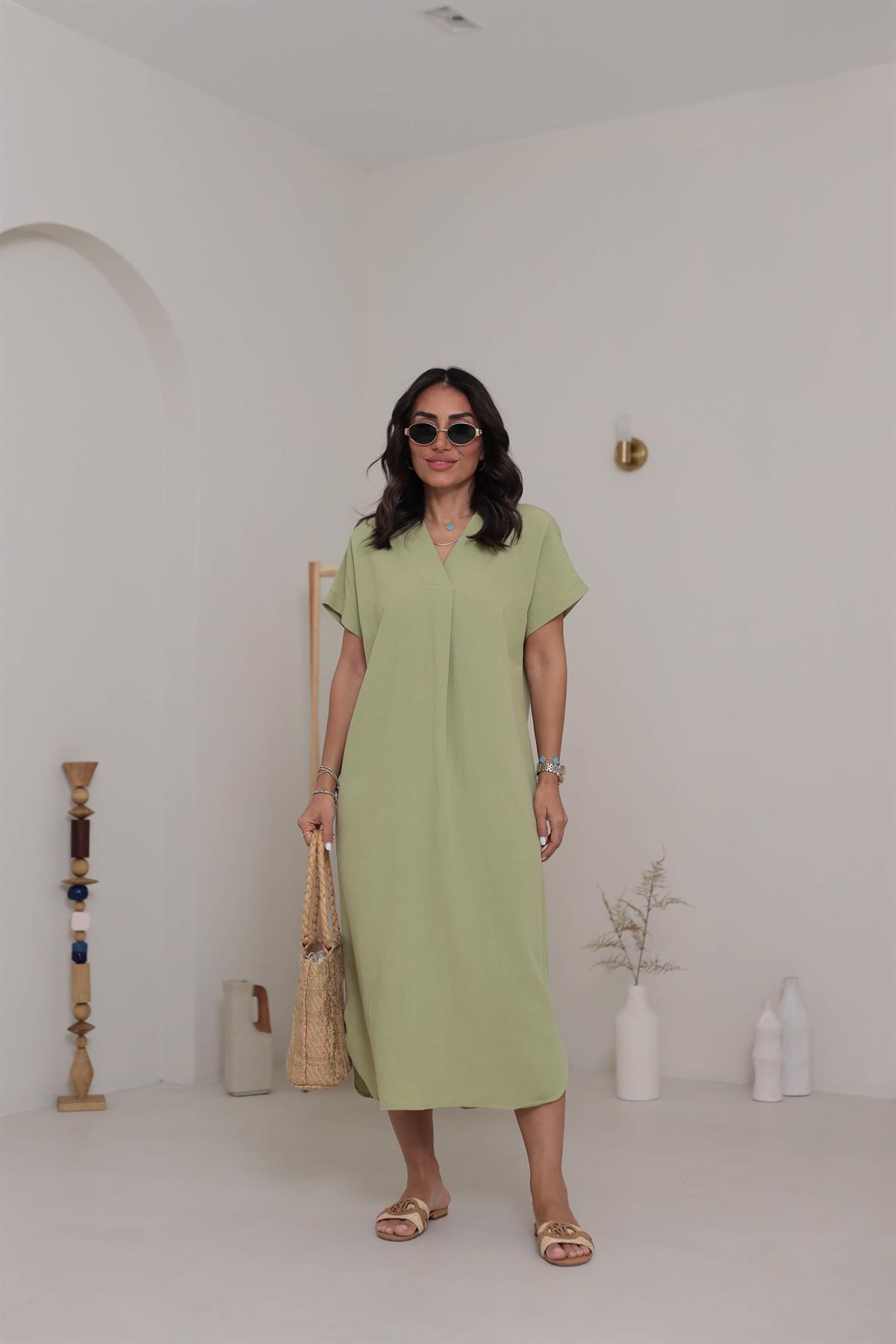 5998 V Yaka Rahat Terni Elbise ÇAĞLAYEŞİL