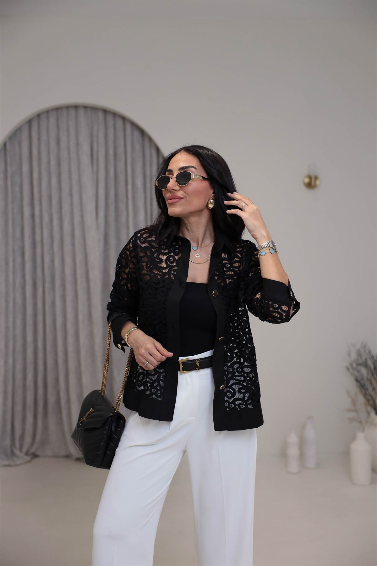 7282 Gömlek Yaka Poplin Garnili Güpürlü Ceket SİYAH