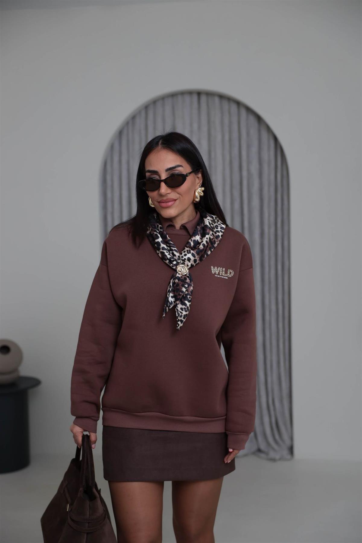 0613 Polo Yaka Fular Detaylı Şardonlu Sweatshirt KAHVE