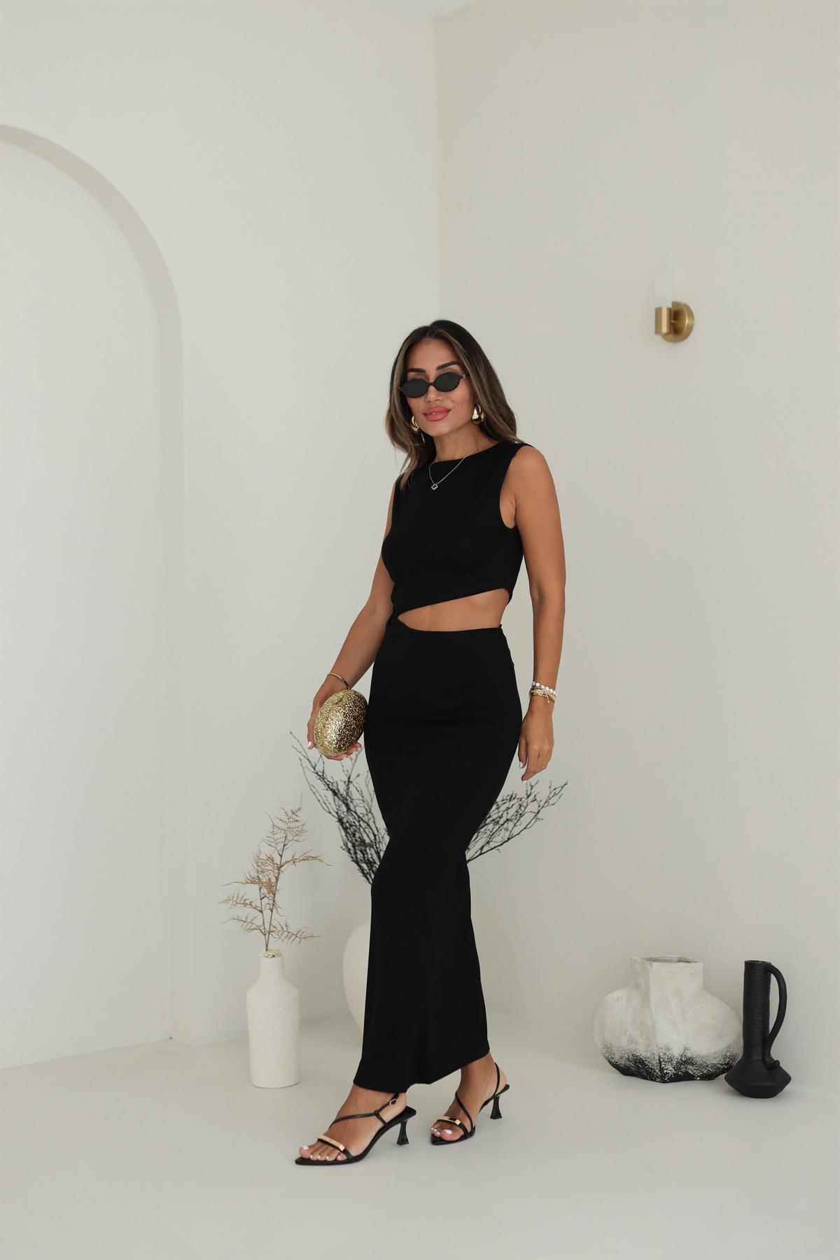 9874 Bel Dekolteli Sıfır Kol Maxi Penye Elbise