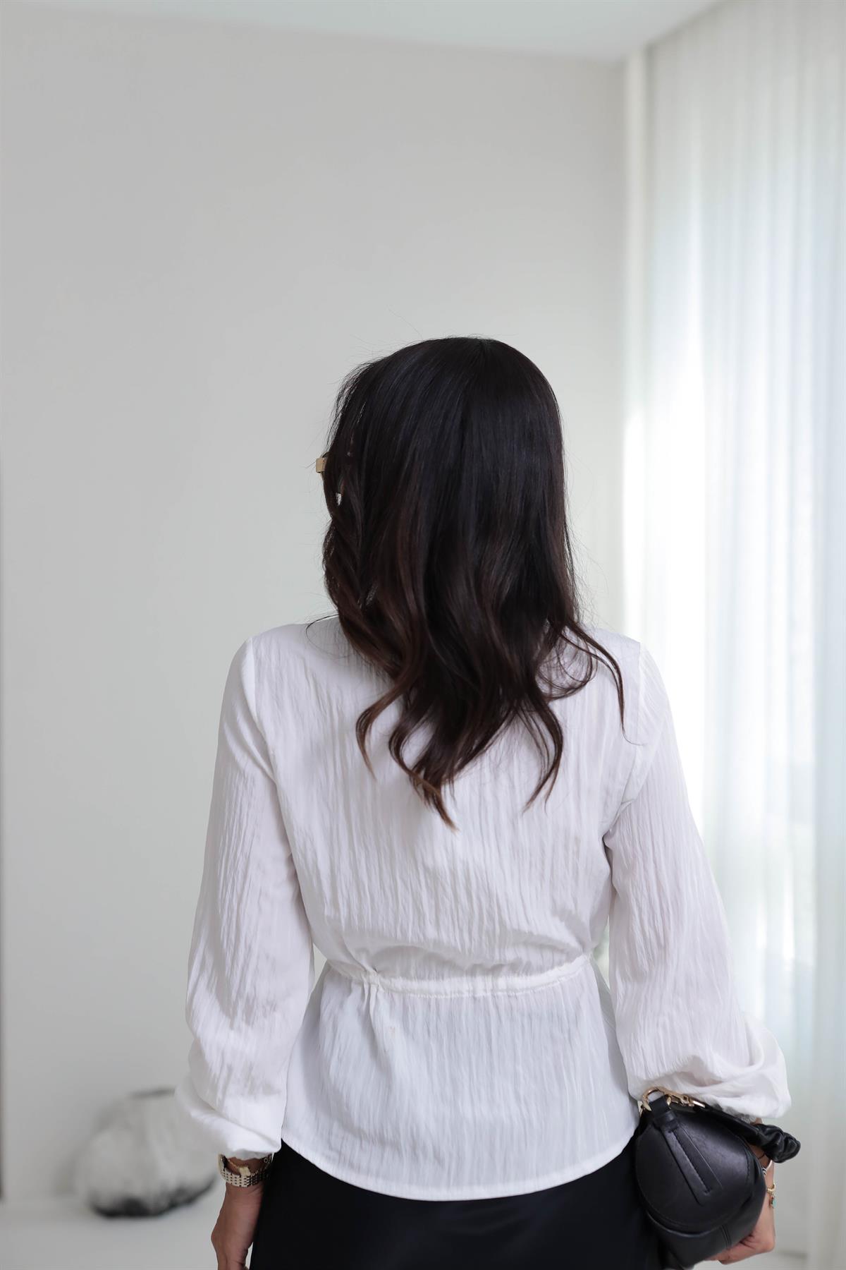 0979 Bel Büzgülü Kol Lastikli Gömlek BEYAZ