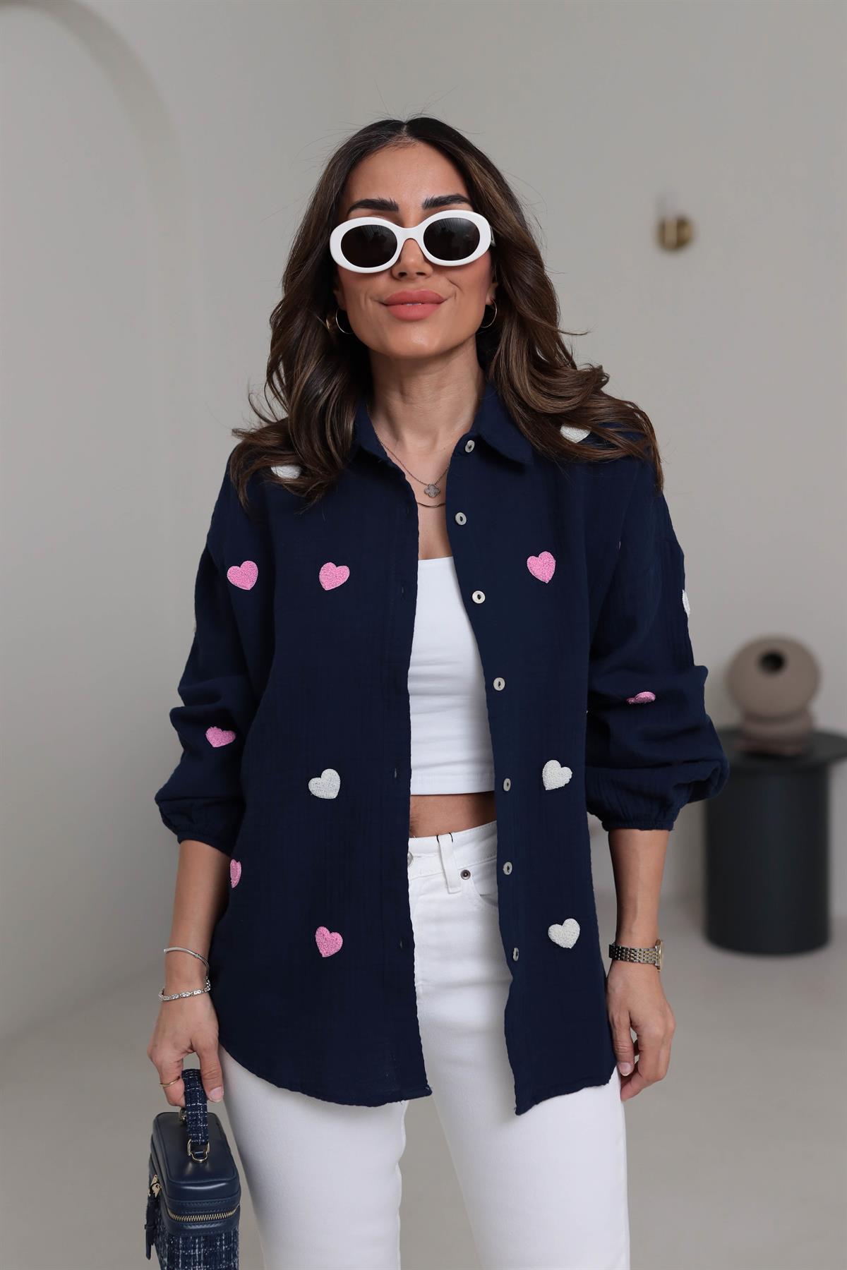 7930 Kalpli Kol Lastikli Müslin Kumaş Gömlek LACİVERT