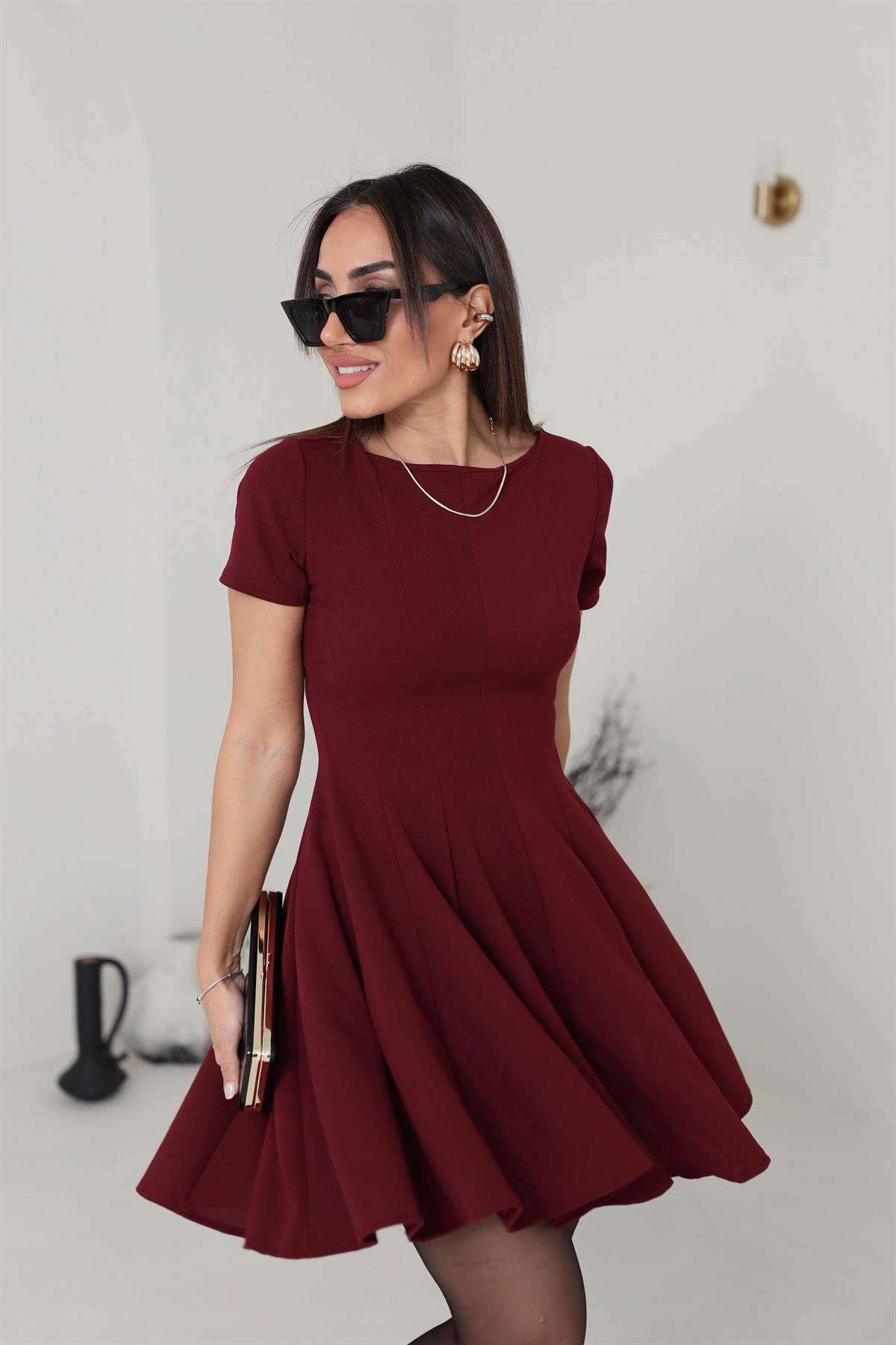3680 Likralı Kısa Kol Kloş Elbise BORDO