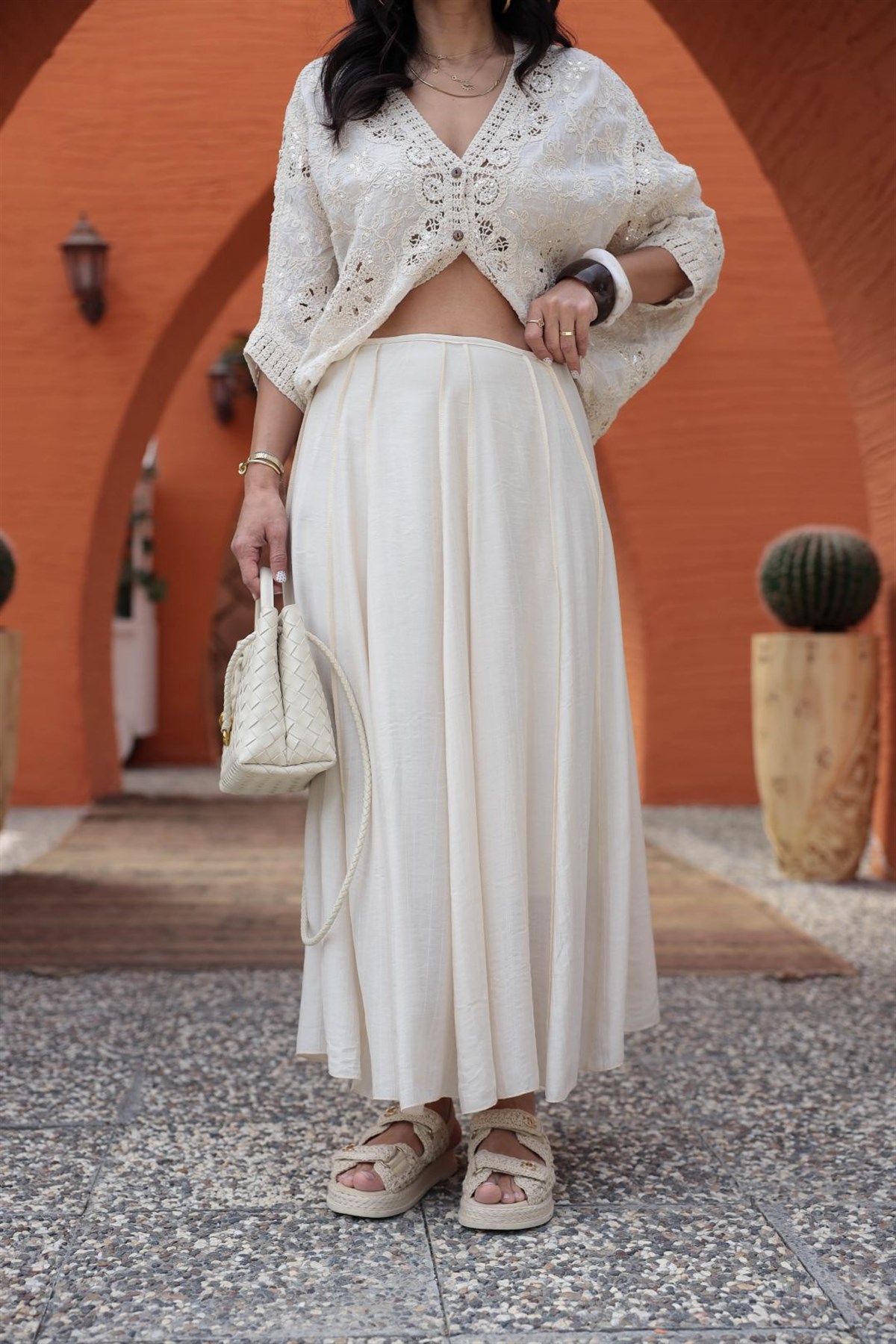 0963 Dikiş Detaylı Astarlı Etek TAŞ