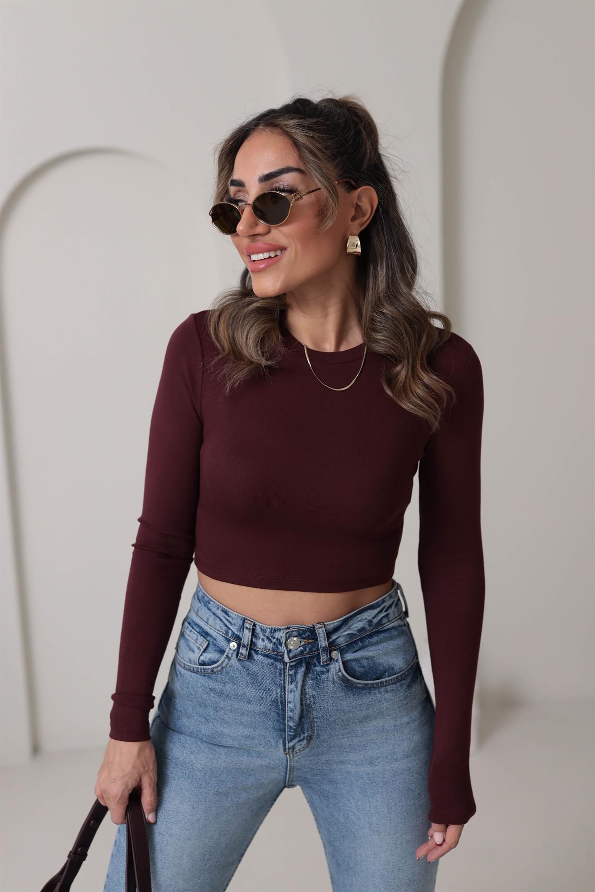 1236 Yumuşak Doku Uzun Kollu Bluz BORDO