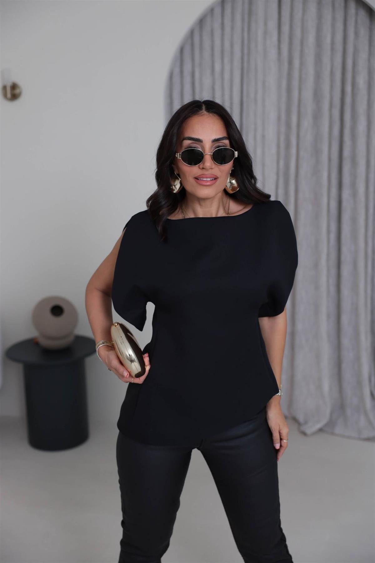 Balon Kol Asimetrik Bluz SİYAH