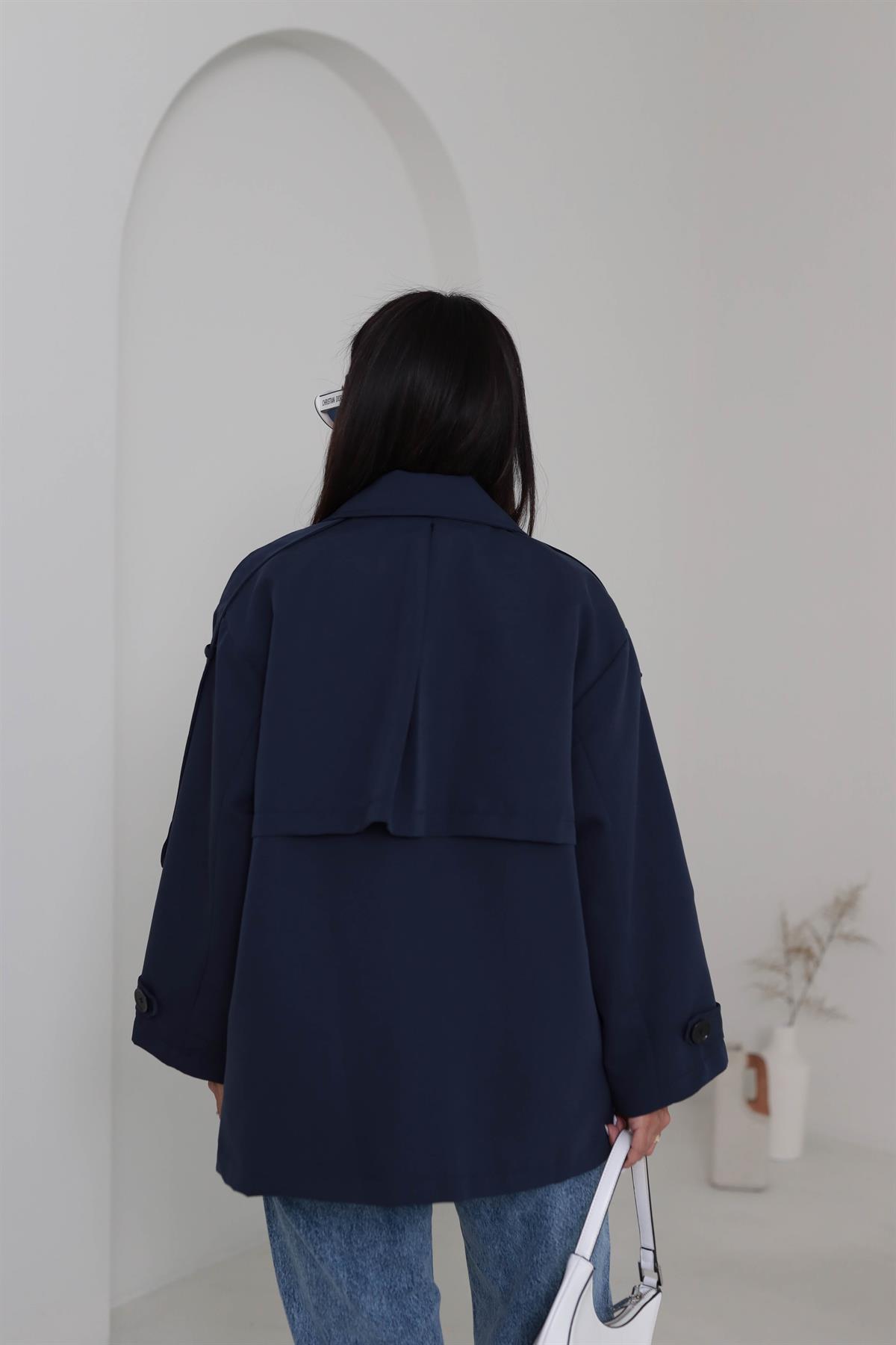 2019 Apoletli Kuşaklı Kısa Trençkot LACİVERT