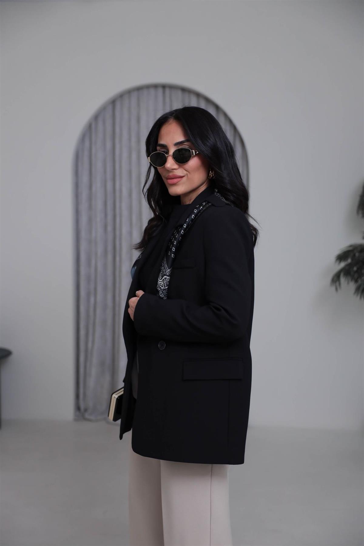 7665 Fular Detaylı Blazer Ceket SİYAH