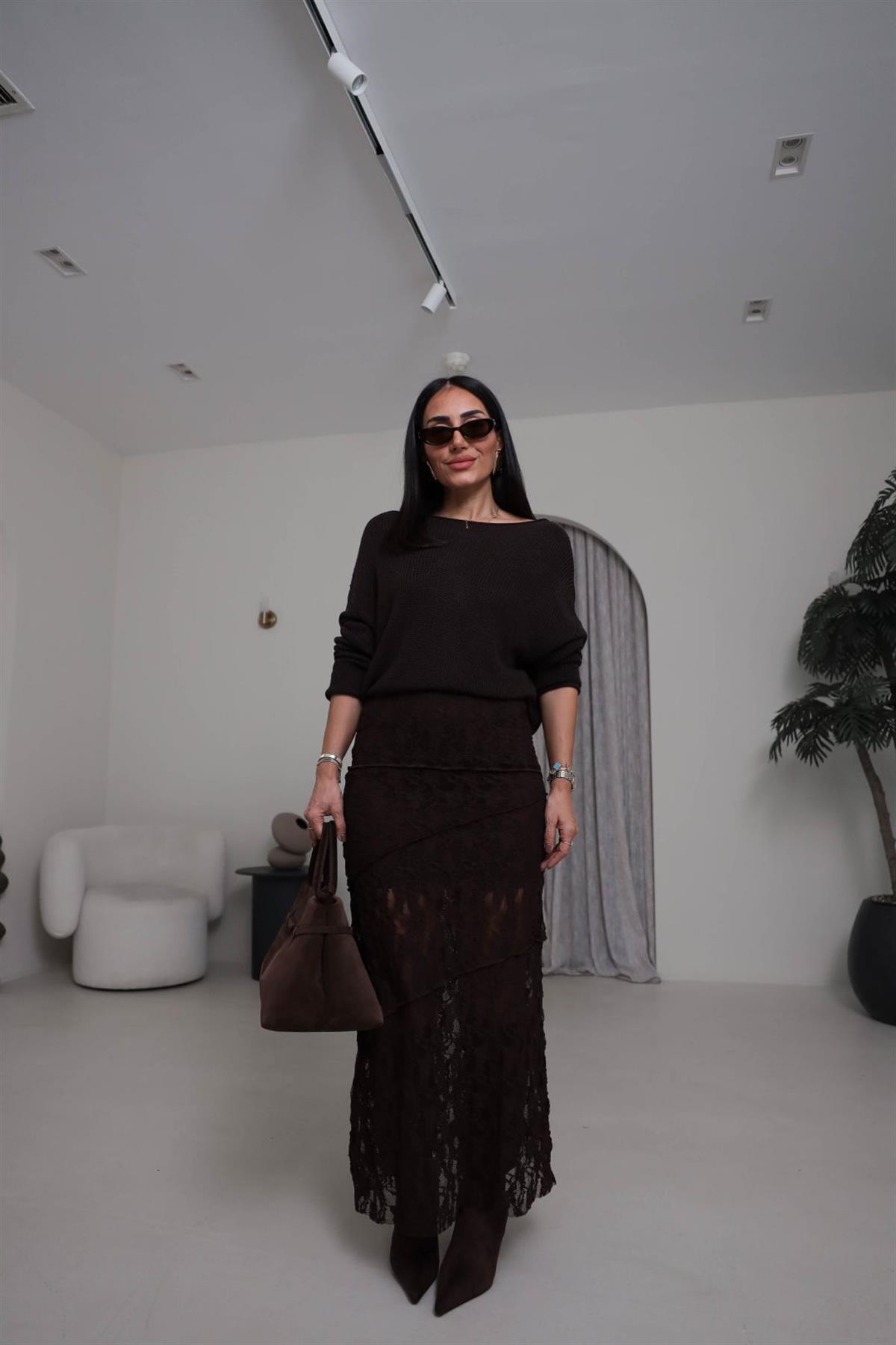 8818 Astarlı Dikiş Detaylı Dantel Etek KAHVE