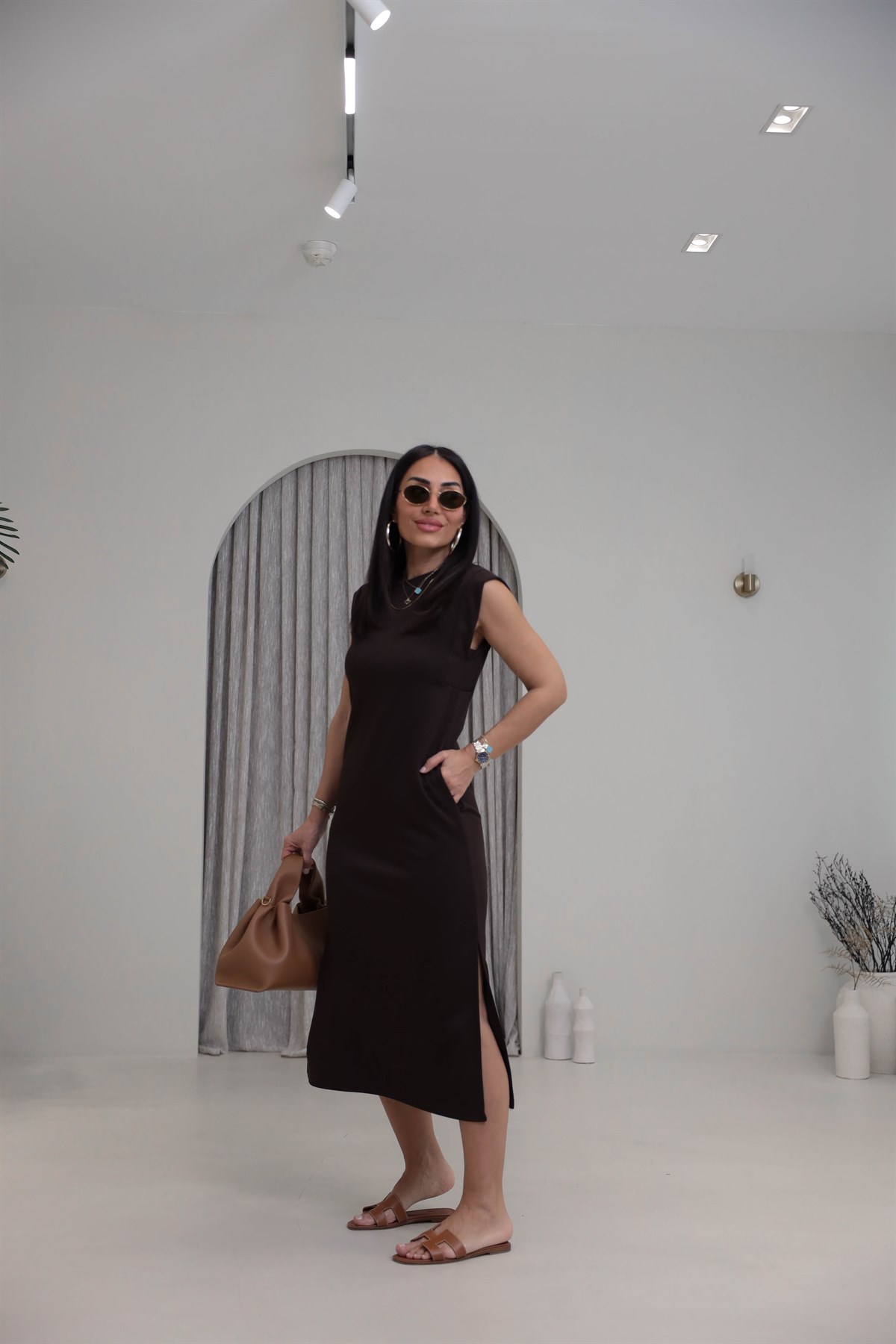 4254 Kol Detaylı Modal Rahat Elbise KAHVE