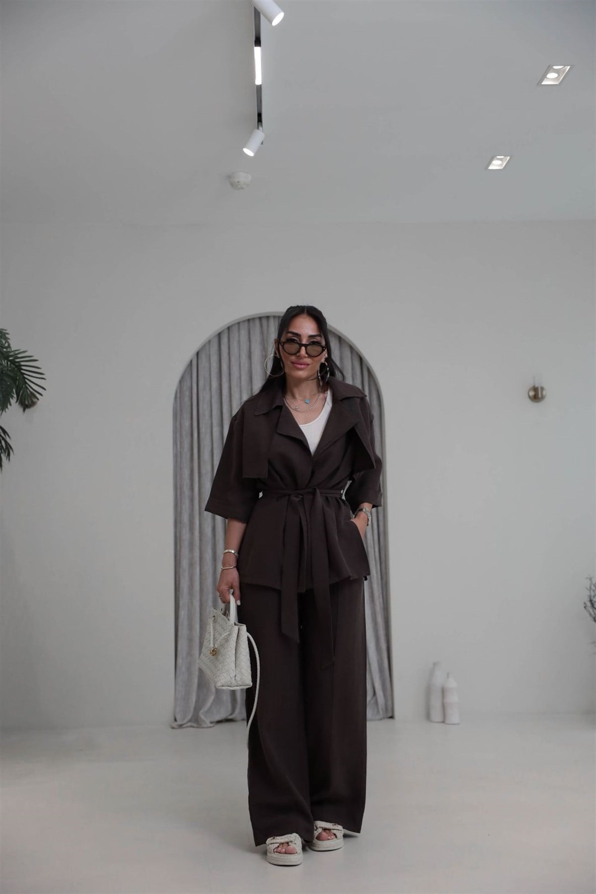 7309 Tencel Kumaş Yarım Kol Gömlek Pantolon Takım KAHVE