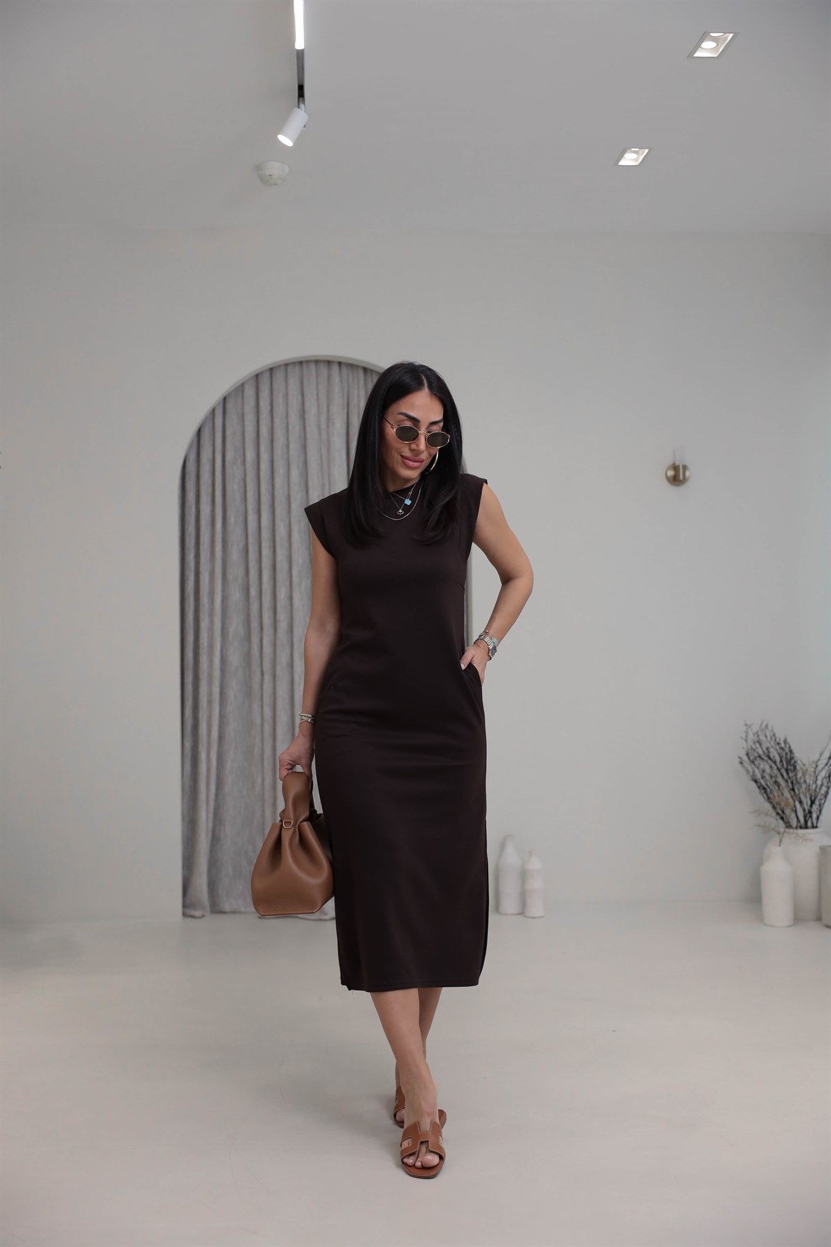 4254 Kol Detaylı Modal Rahat Elbise KAHVE