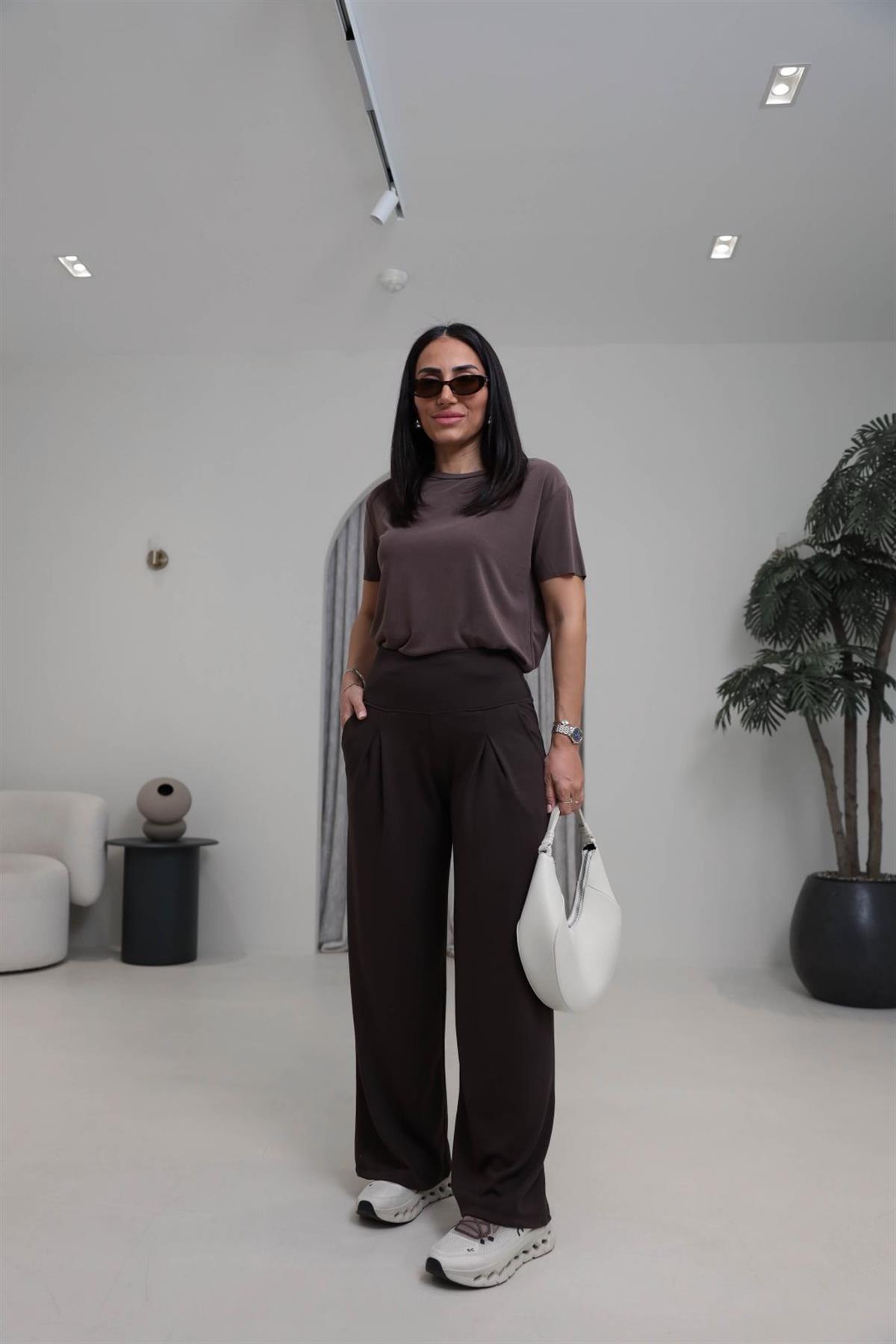 1202 Lulu Geniş Kemerli Piliseli Modal Pantolon KAHVE