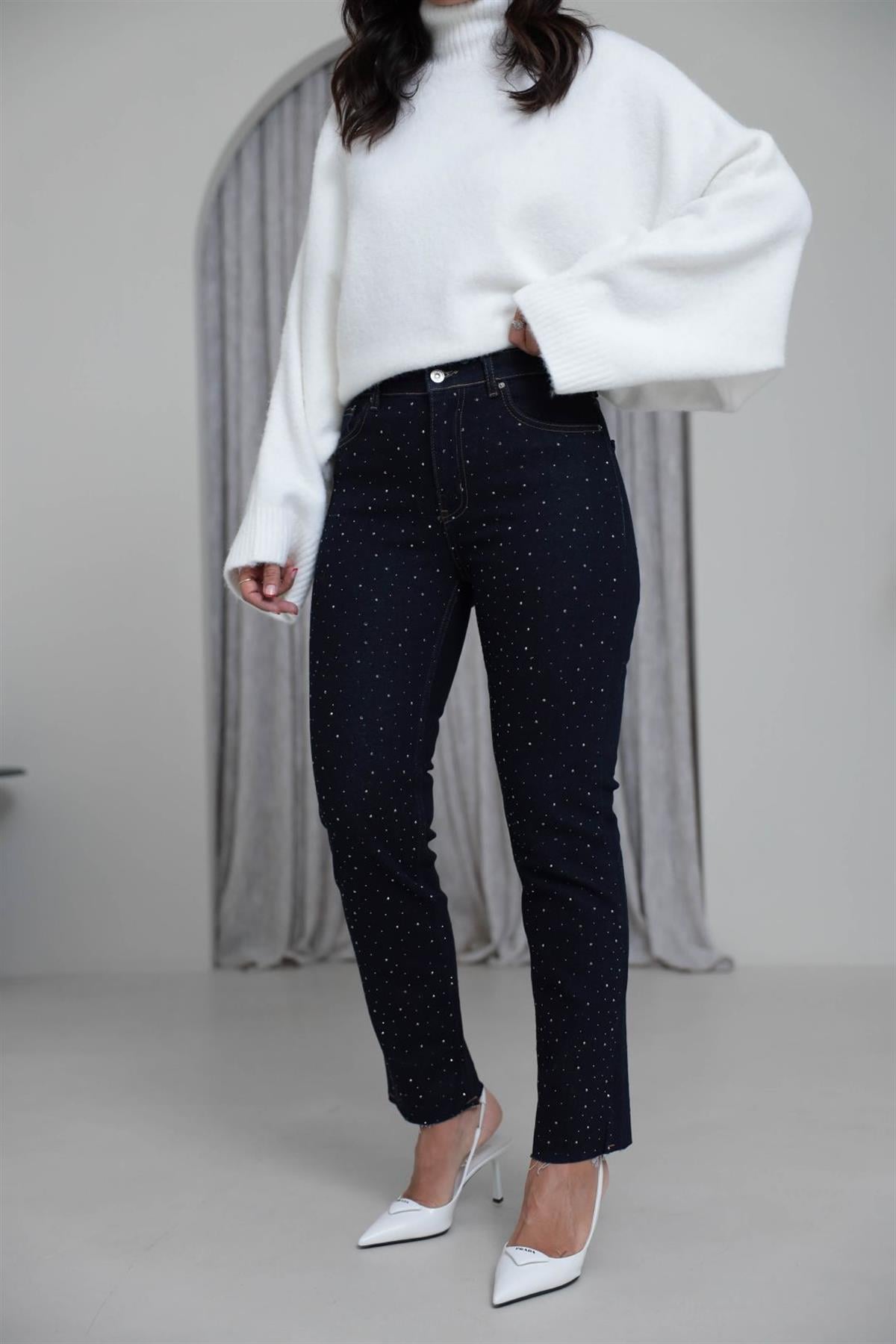 1055 Serpme Taşlı Likralı Jean LACİVERT