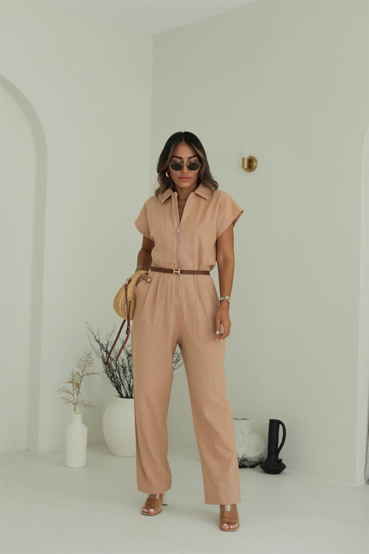 1310 Önden Fermuarlı Keten Tulum