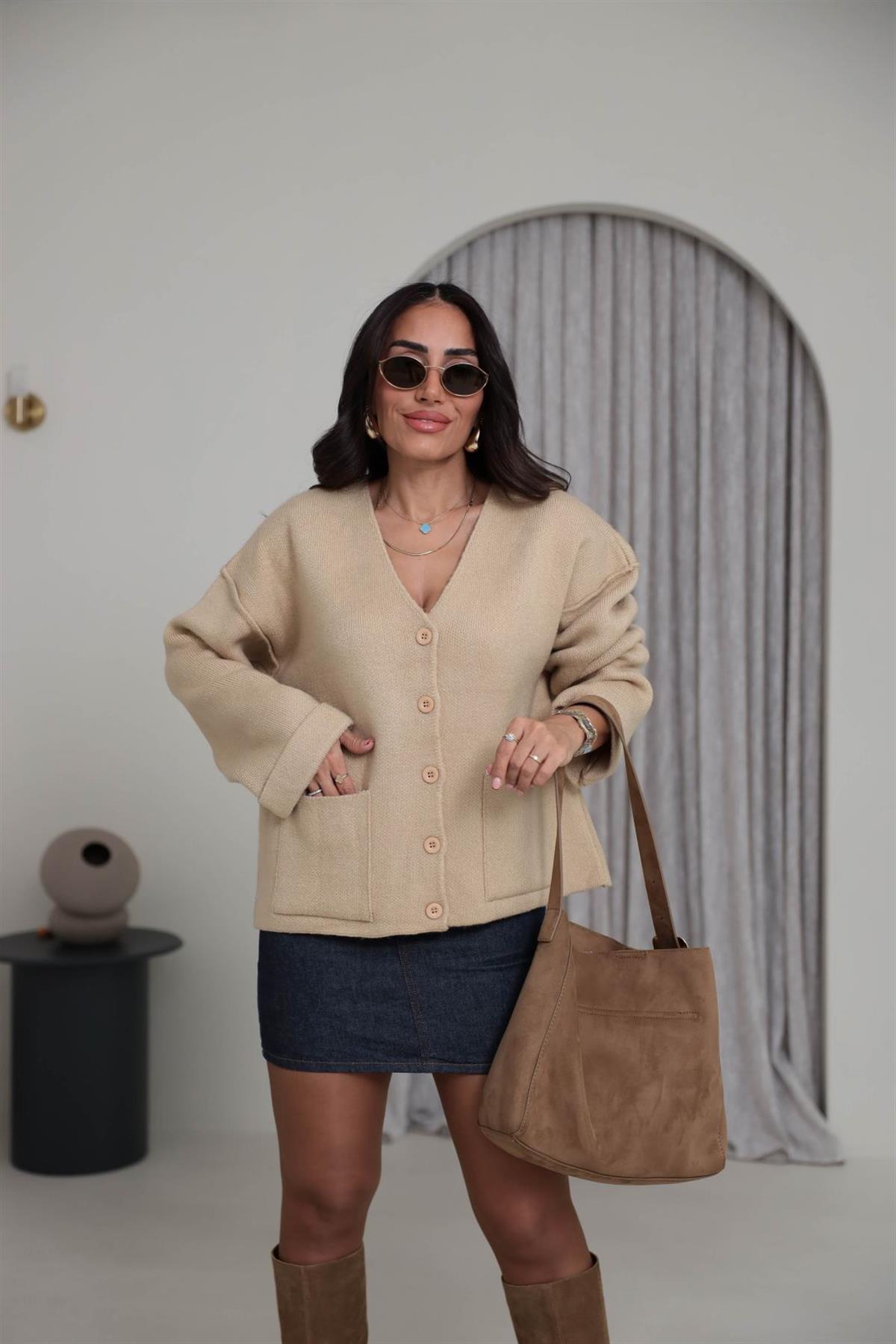 5231 Cepli Ters Dikiş Detaylı Hırka CAMEL