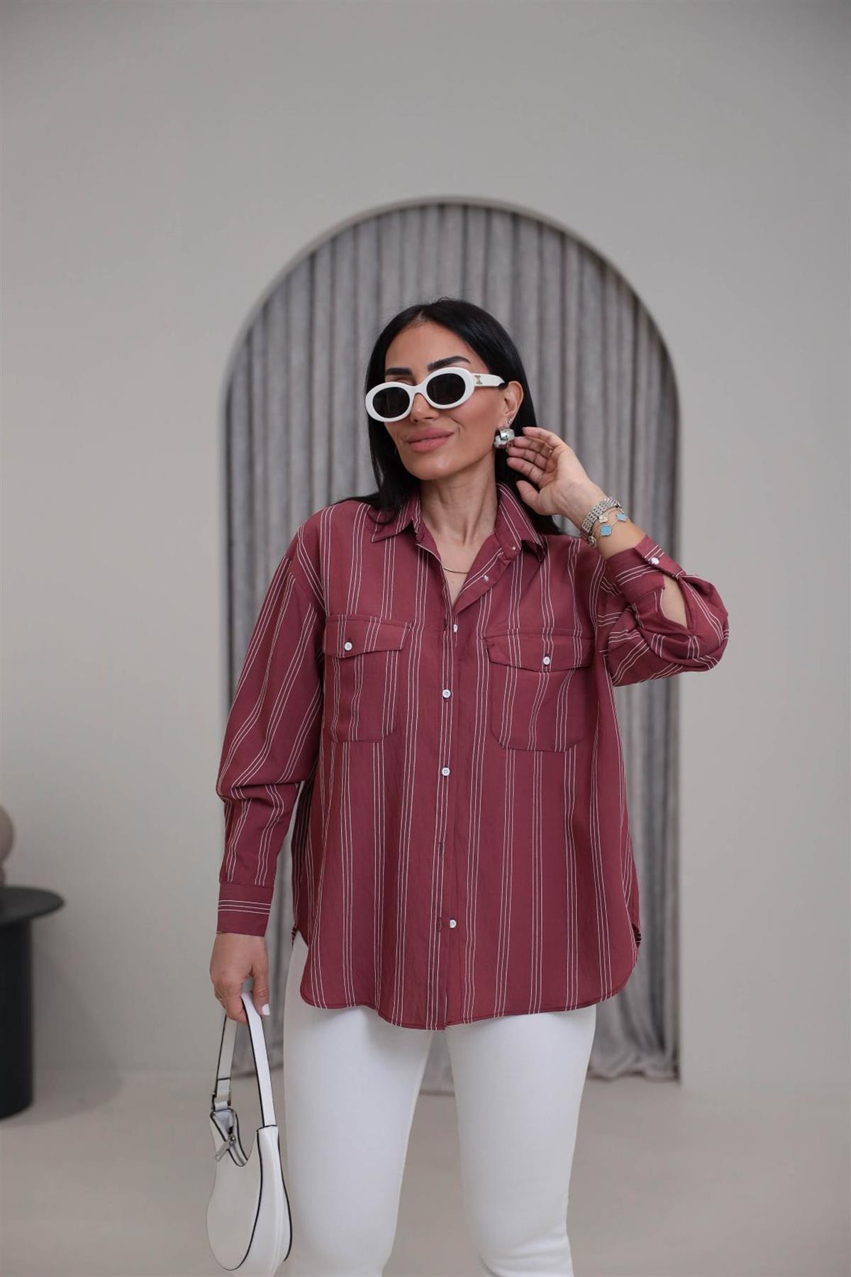 4003 Cepli Çizgili Viskon Gömlek BORDO