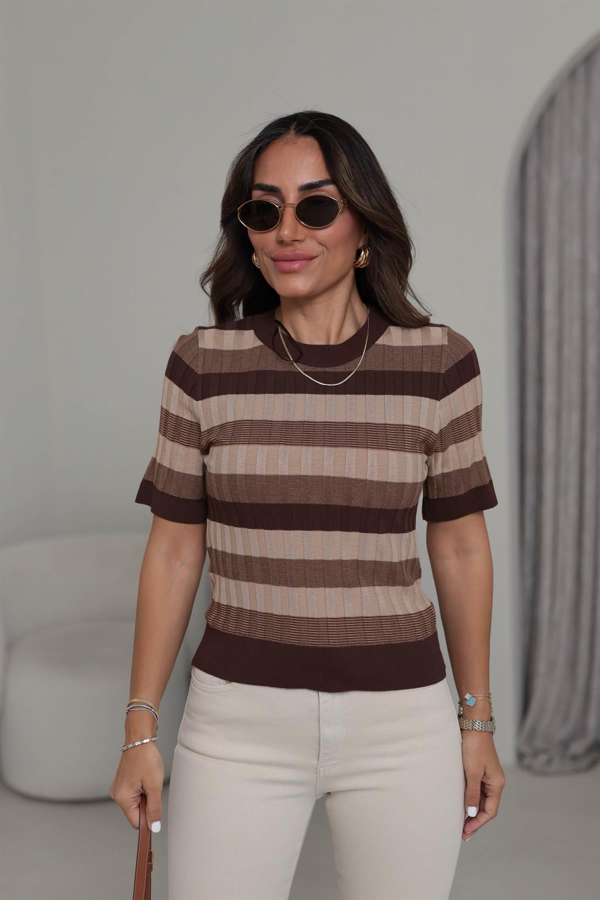 0734 Bisiklet Yaka Çizgili Yumuşak Triko Bluz KAHVE