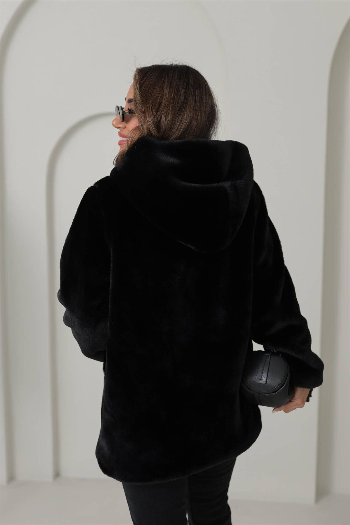 1139 Kapşonlu Kalın Kürk SİYAH