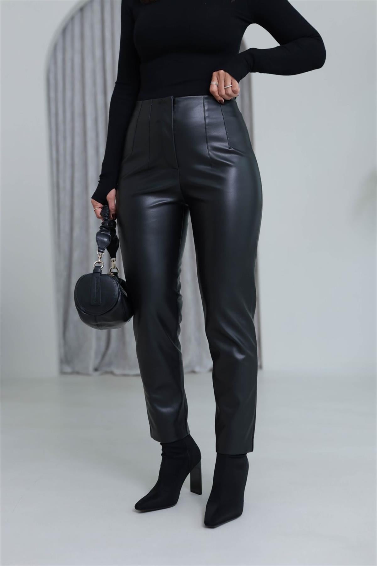 3947K Önü Flotalı Şardonlu Deri Pantolon SİYAH