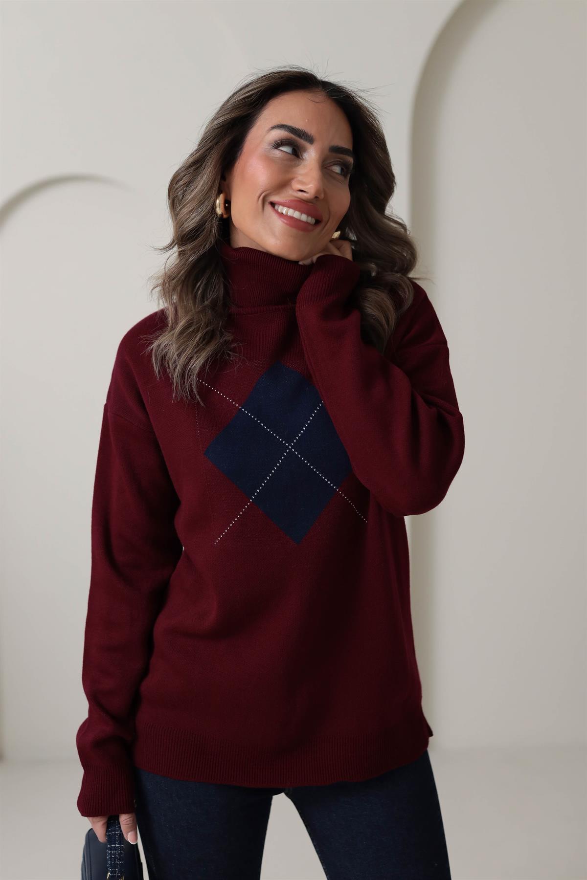 0060 Balıkçı Yaka Kare Desen Kazak BORDO