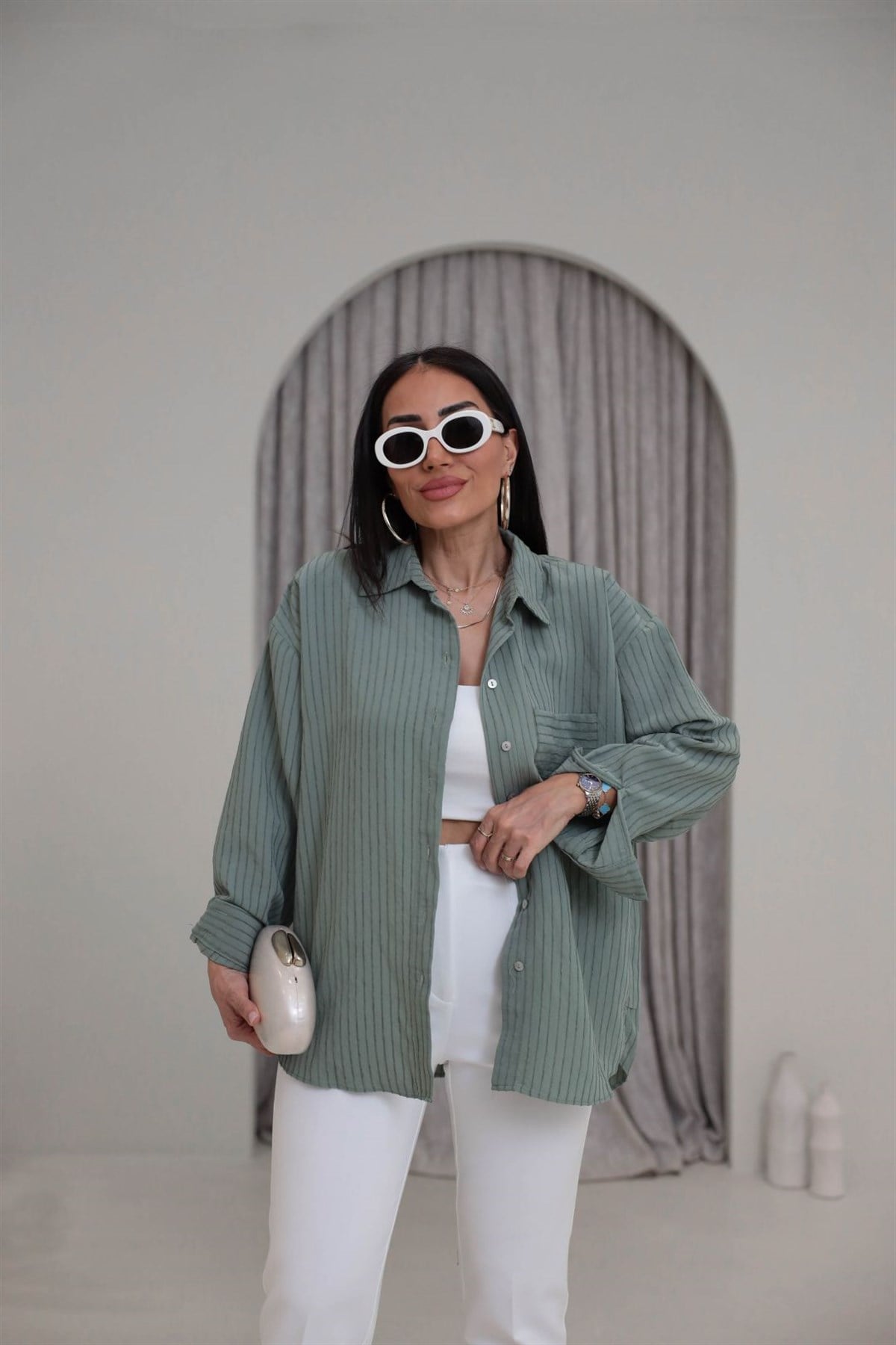 5000 Çizgili Modal Dokulu Oversize Gömlek ÇAĞLAYEŞİL