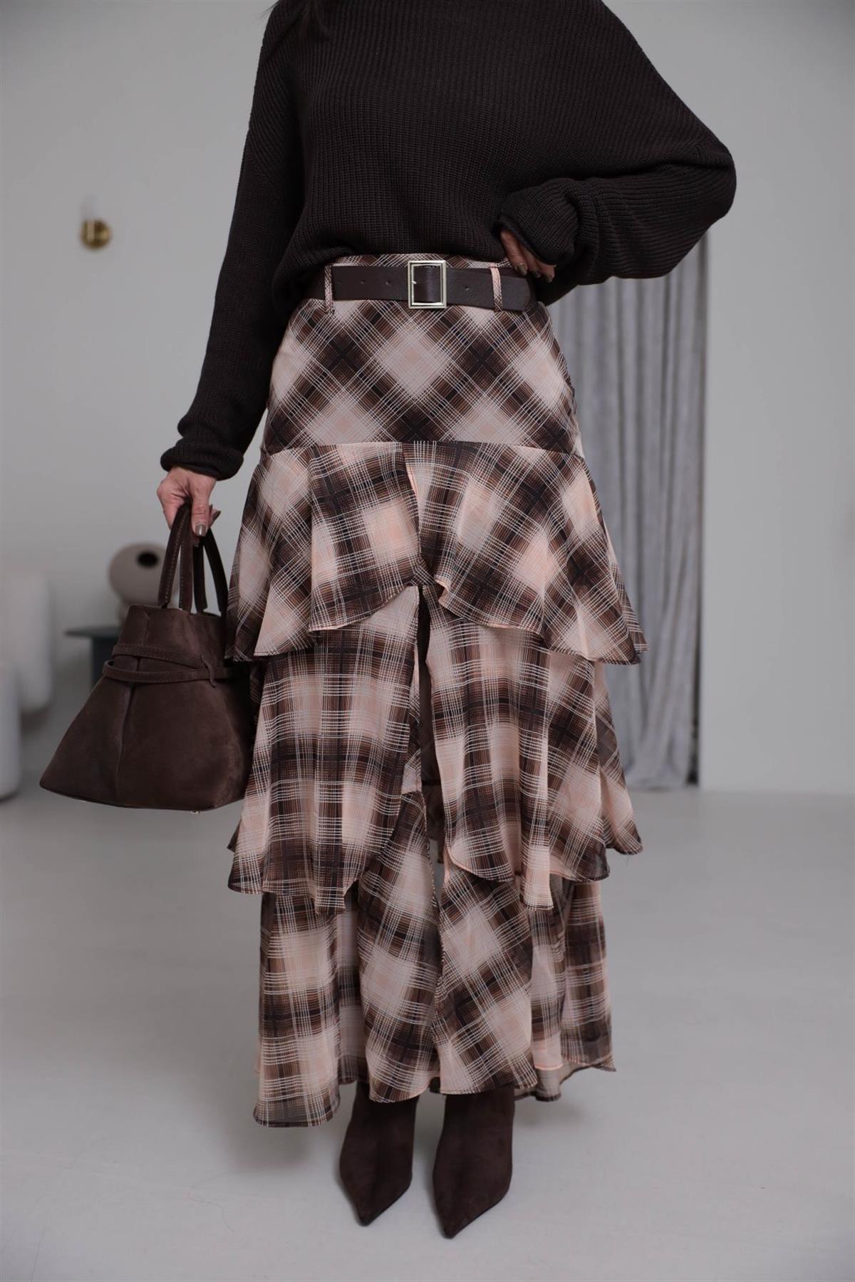 7205 Kemerli Katlı Şifon Etek BEJ-KAHVE