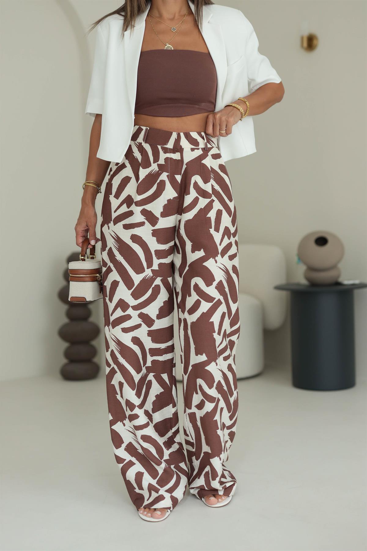 1338 Yüksek Bel Desenli Bol Paça Pantolon