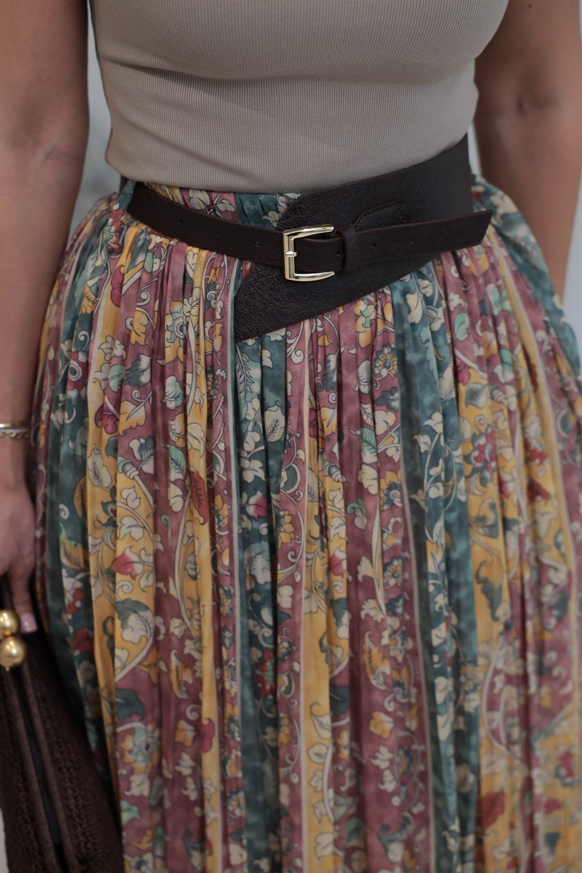 3374 Kemerli Pliseli Desenli Maxi Etek YEŞİL