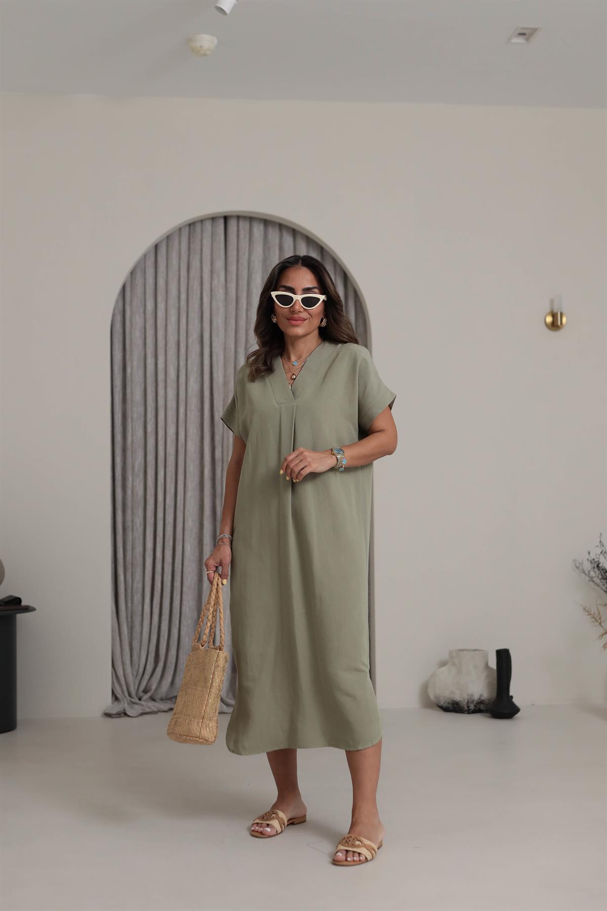 5998 V Yaka Rahat Terni Elbise HAKİ YEŞİL