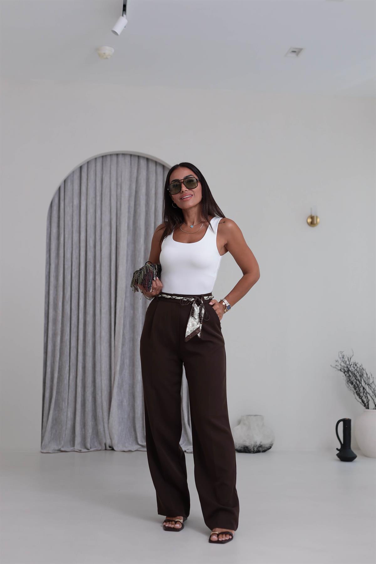 0522 Fularlı Kemerli Palazzo Pantolon KAHVE