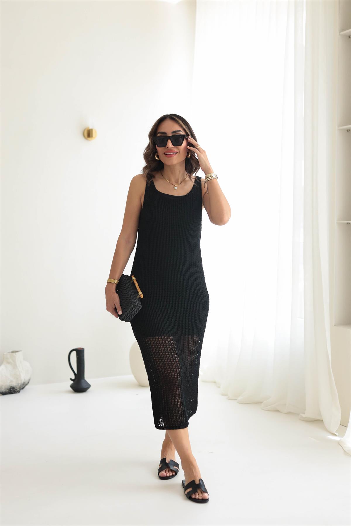 0206 Askılı Ajurlu Astarlı Triko Elbise