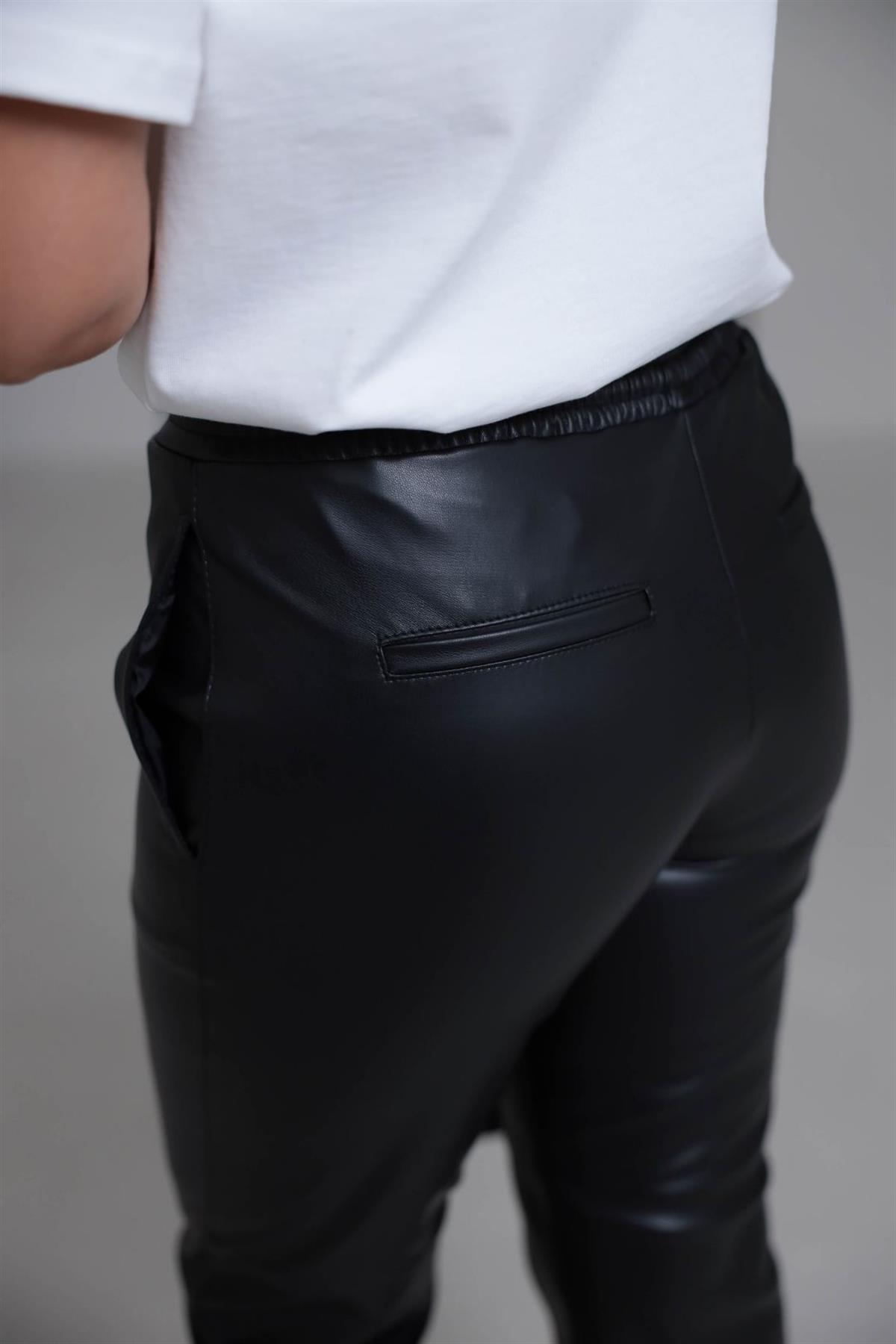 4655 Kemeri Lastikli Deri Pantolon SİYAH