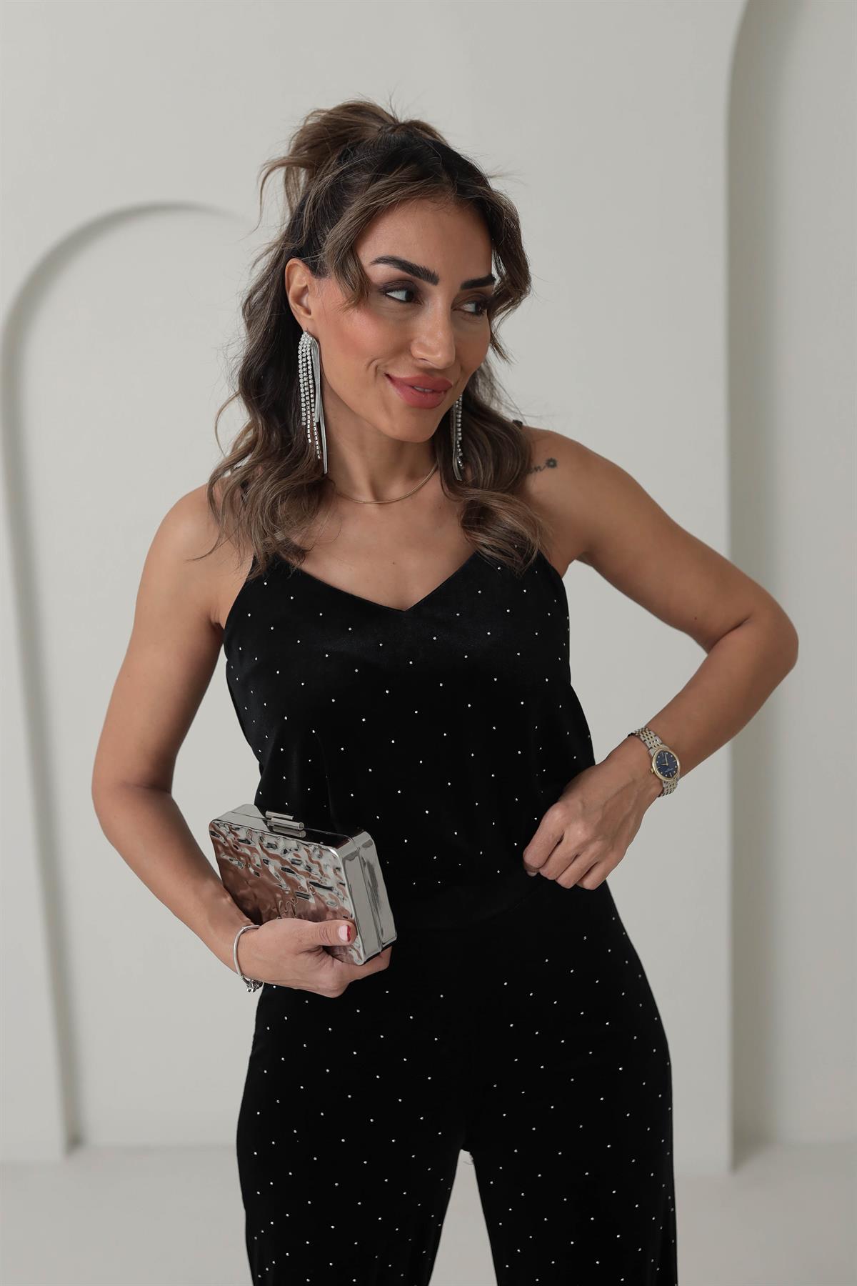 6766 Taşlı Kadife Atlet SİYAH